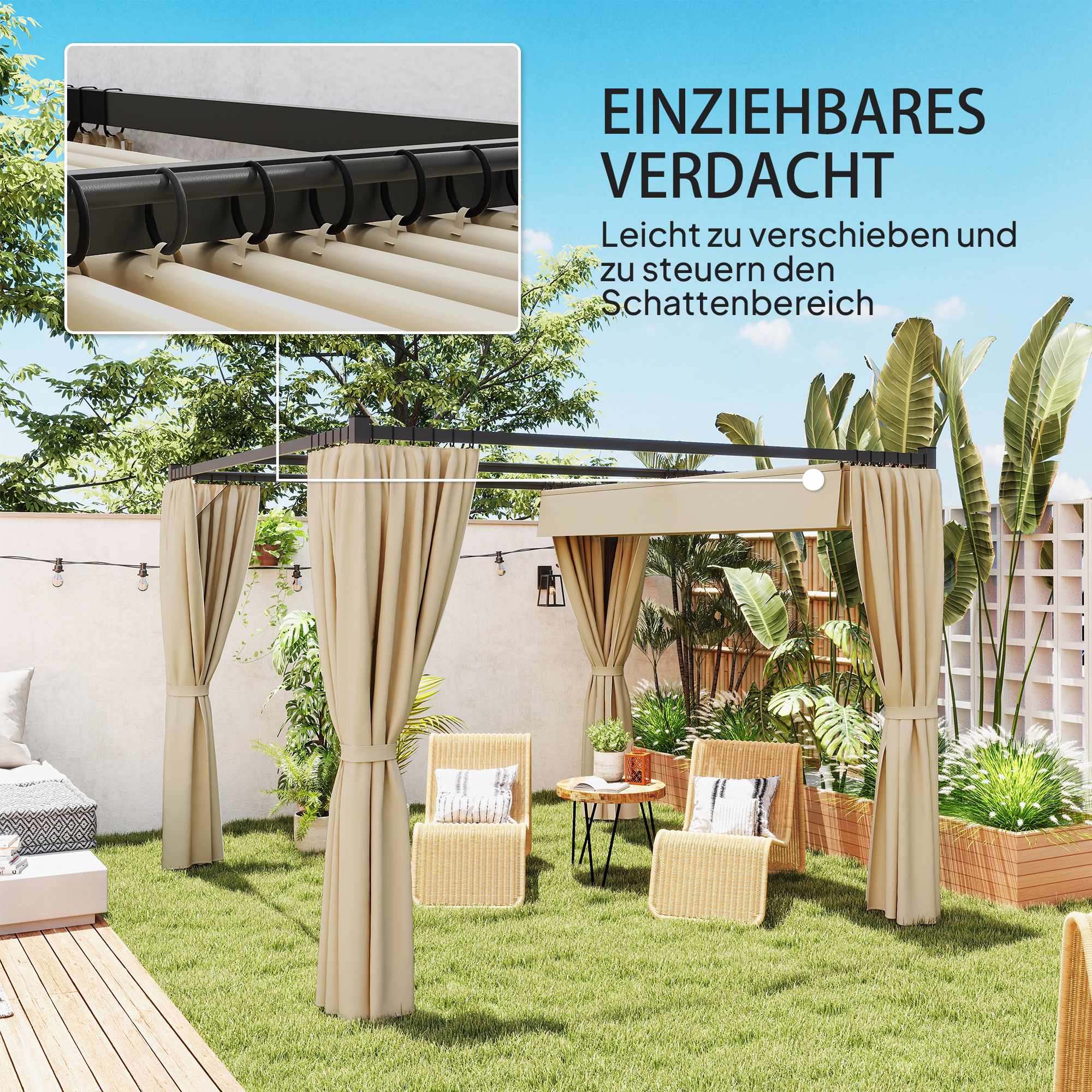 Infällbar fristående terrasstak, metallram, beige