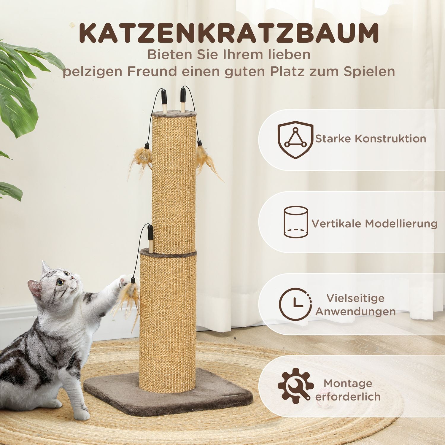 Jutové škrabadlo pro kočky do interiéru, 78 cm, s peřím