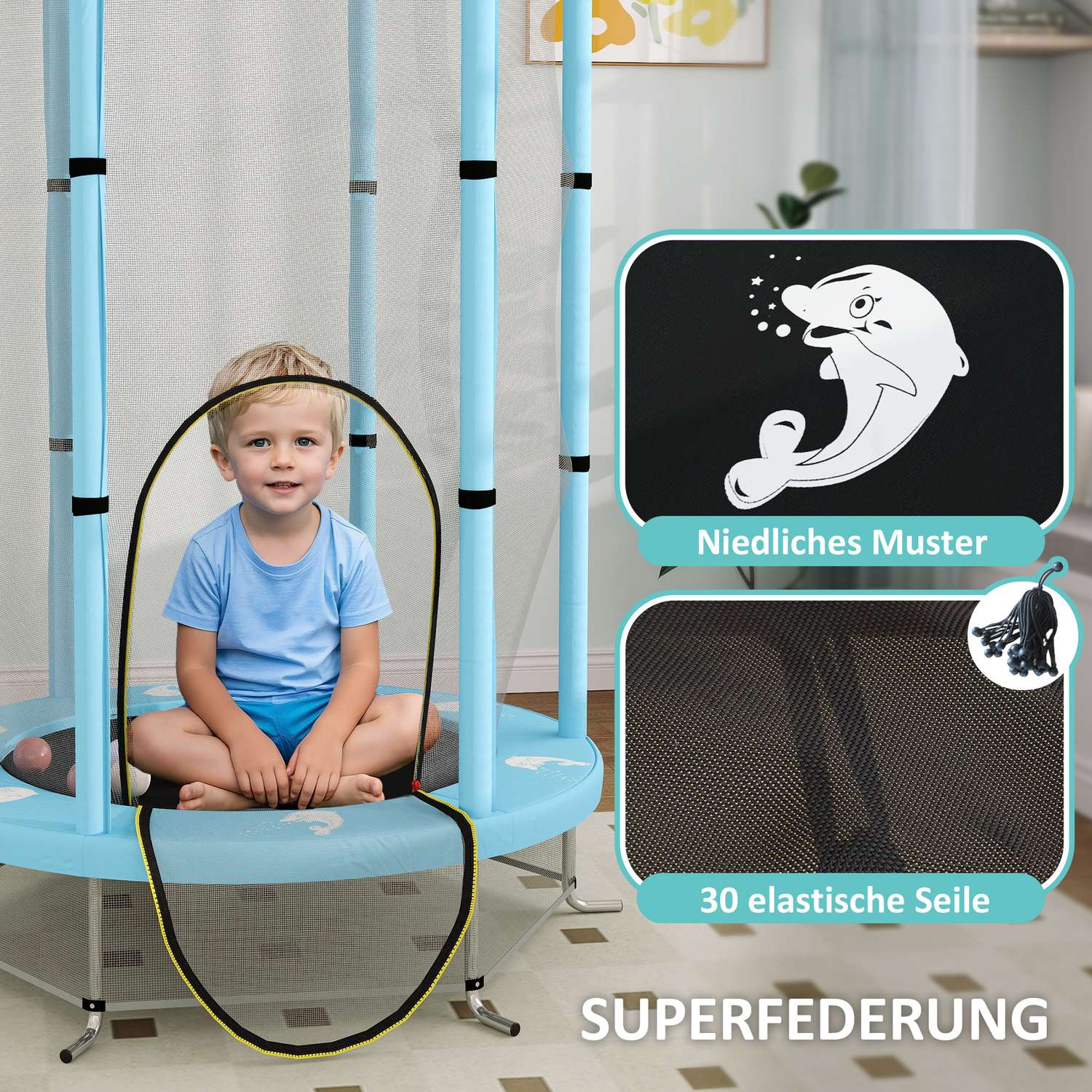 Dětská trampolína do interiéru, Ø140 cm – ochranná síť, vchod na zip
