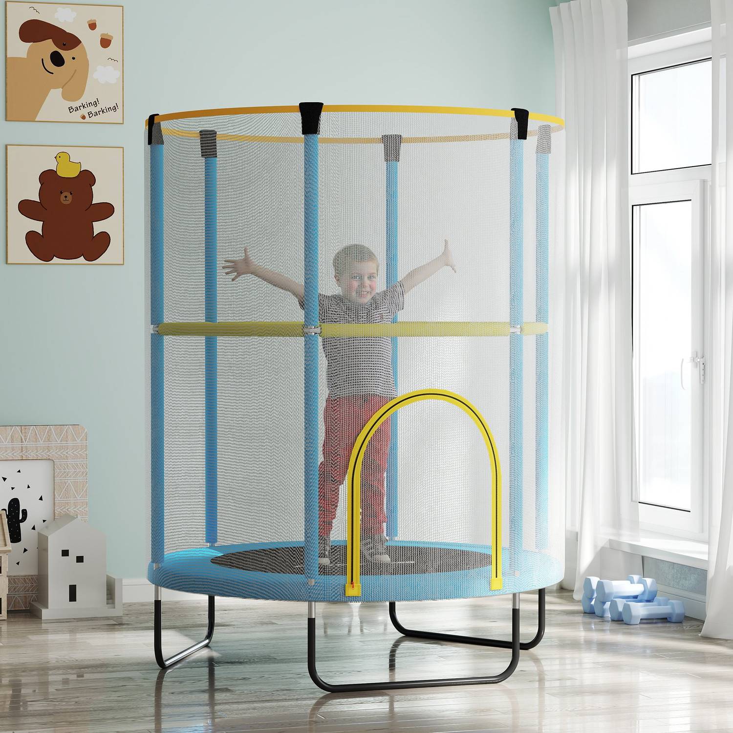 Vnitřní trampolína pro děti s ochrannou sítí, 140 cm, tmavě modrá
