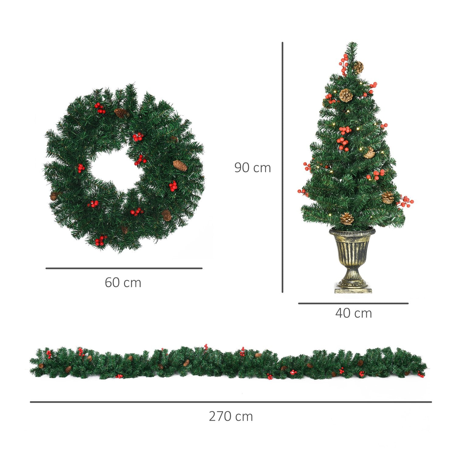 Juldekorationsset med LED – träd, krans, krans