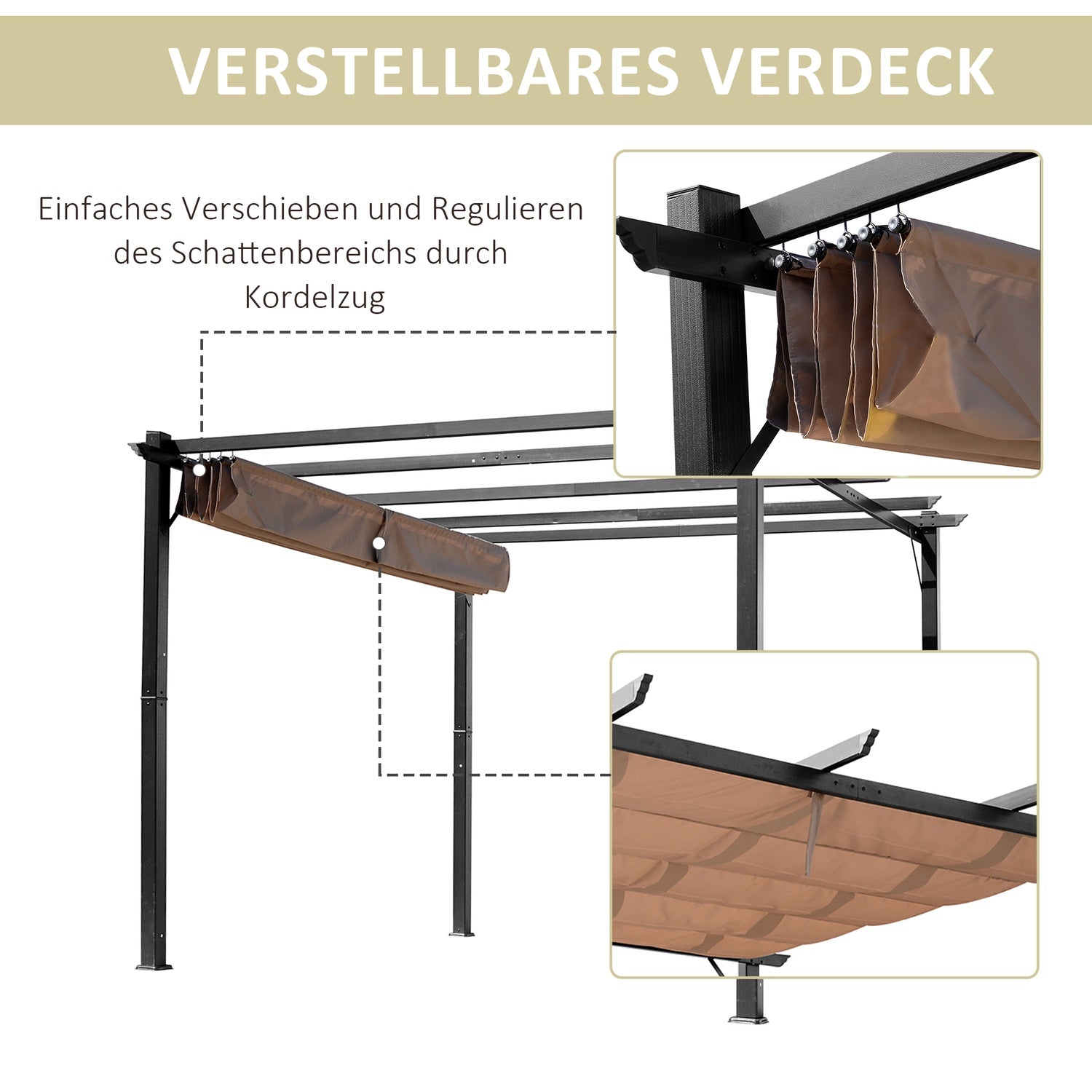Justerbar Aluminium Pergola Gazebo, 3x4m, Grå/Brun