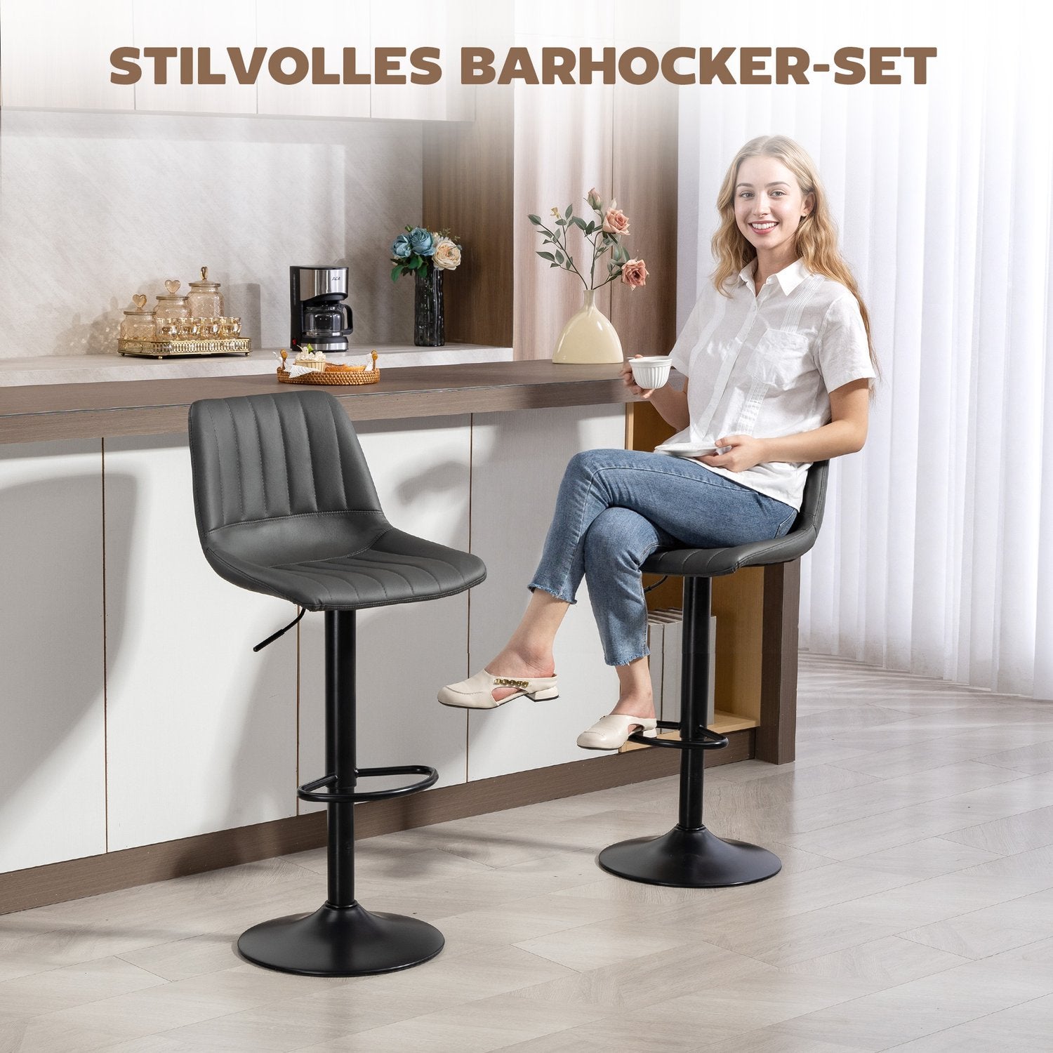 Justerbara retro barstolar, set om 2, konstläder, mörkgrå