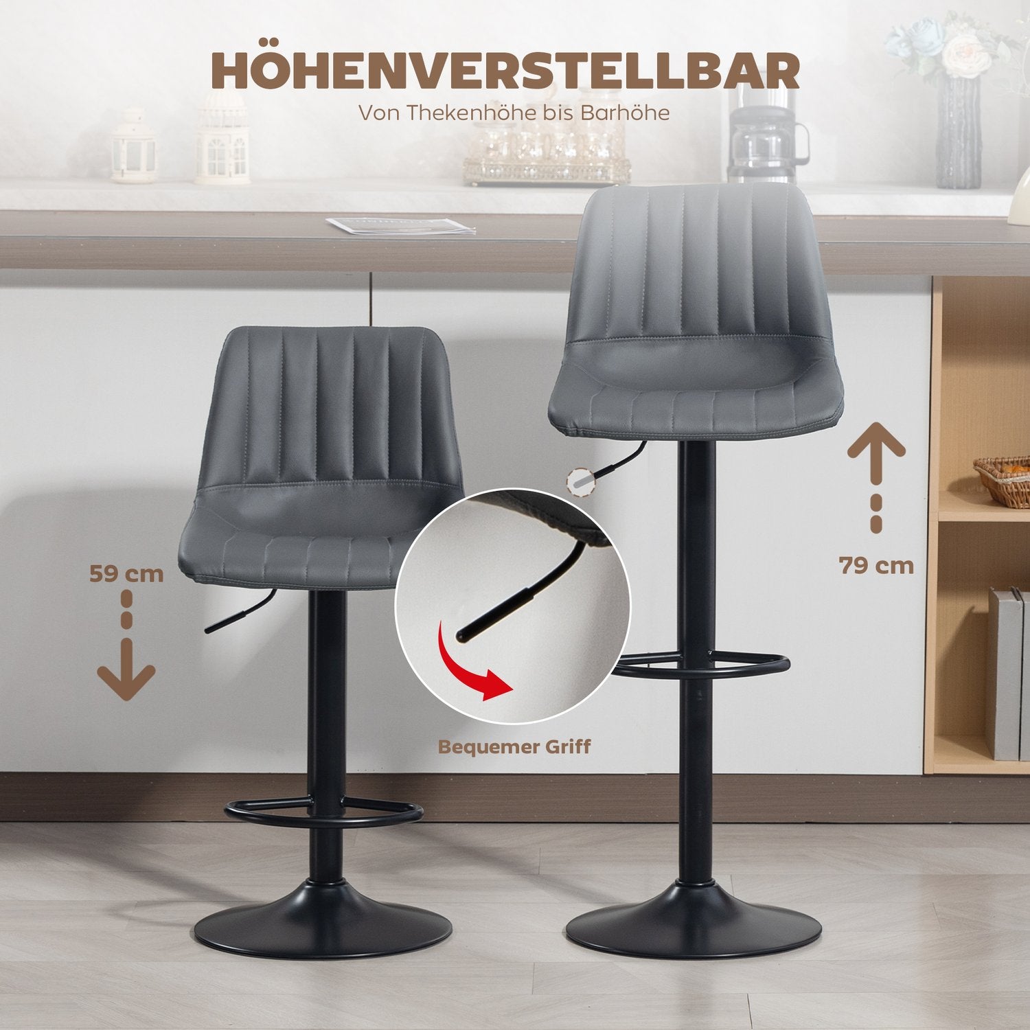 Justerbara retro barstolar, set om 2, konstläder, mörkgrå