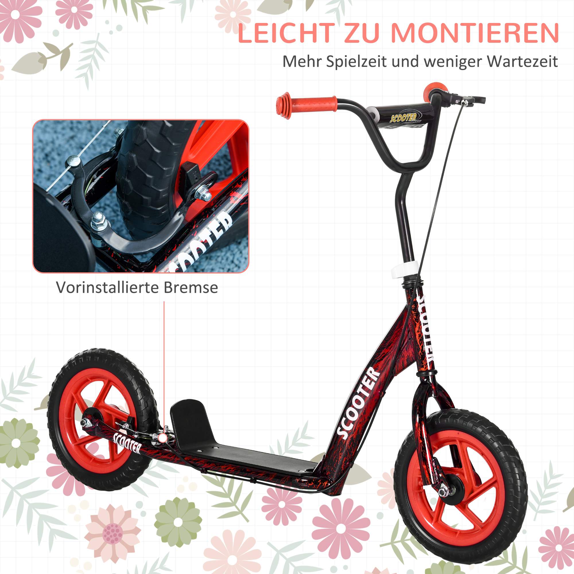 Justerbar barnsparkcykel, 2 hjul, broms, 50 kg kapacitet, röd