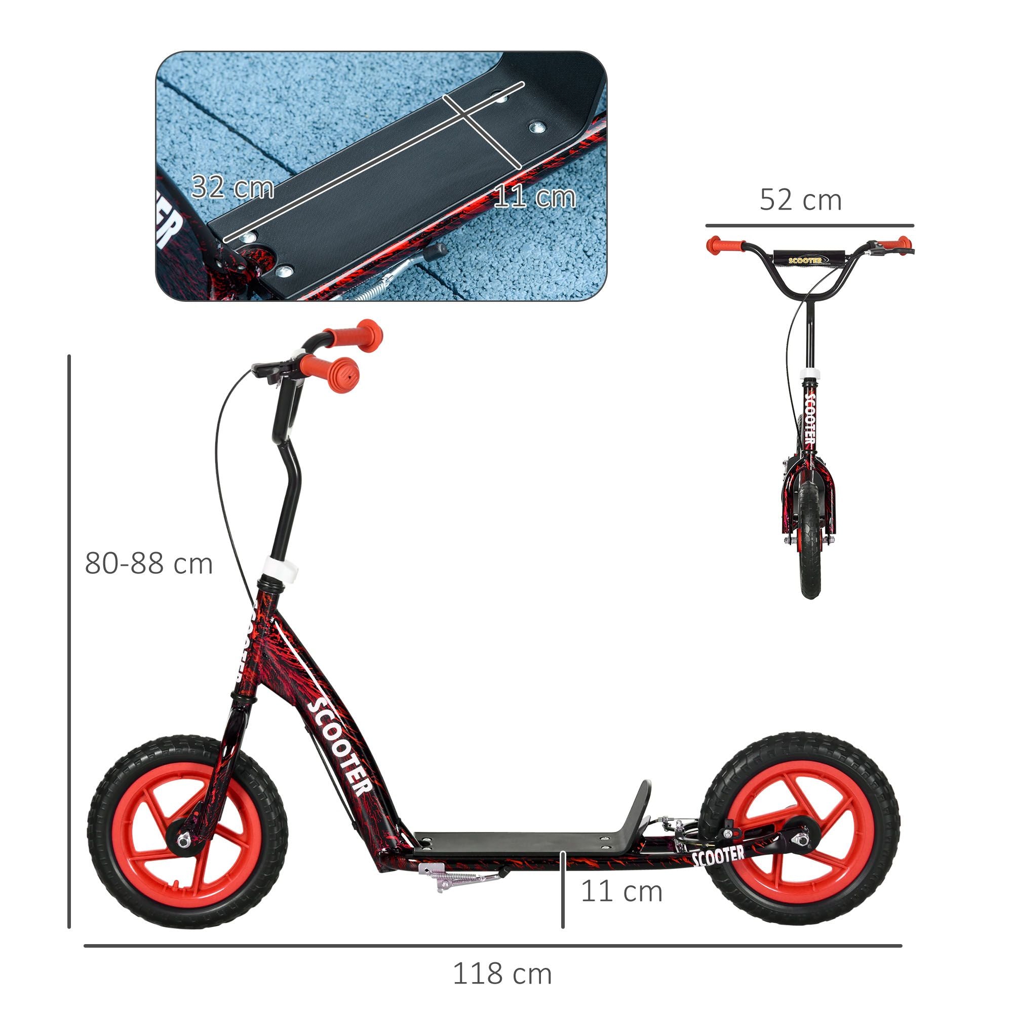 Justerbar barnsparkcykel, 2 hjul, broms, 50 kg kapacitet, röd