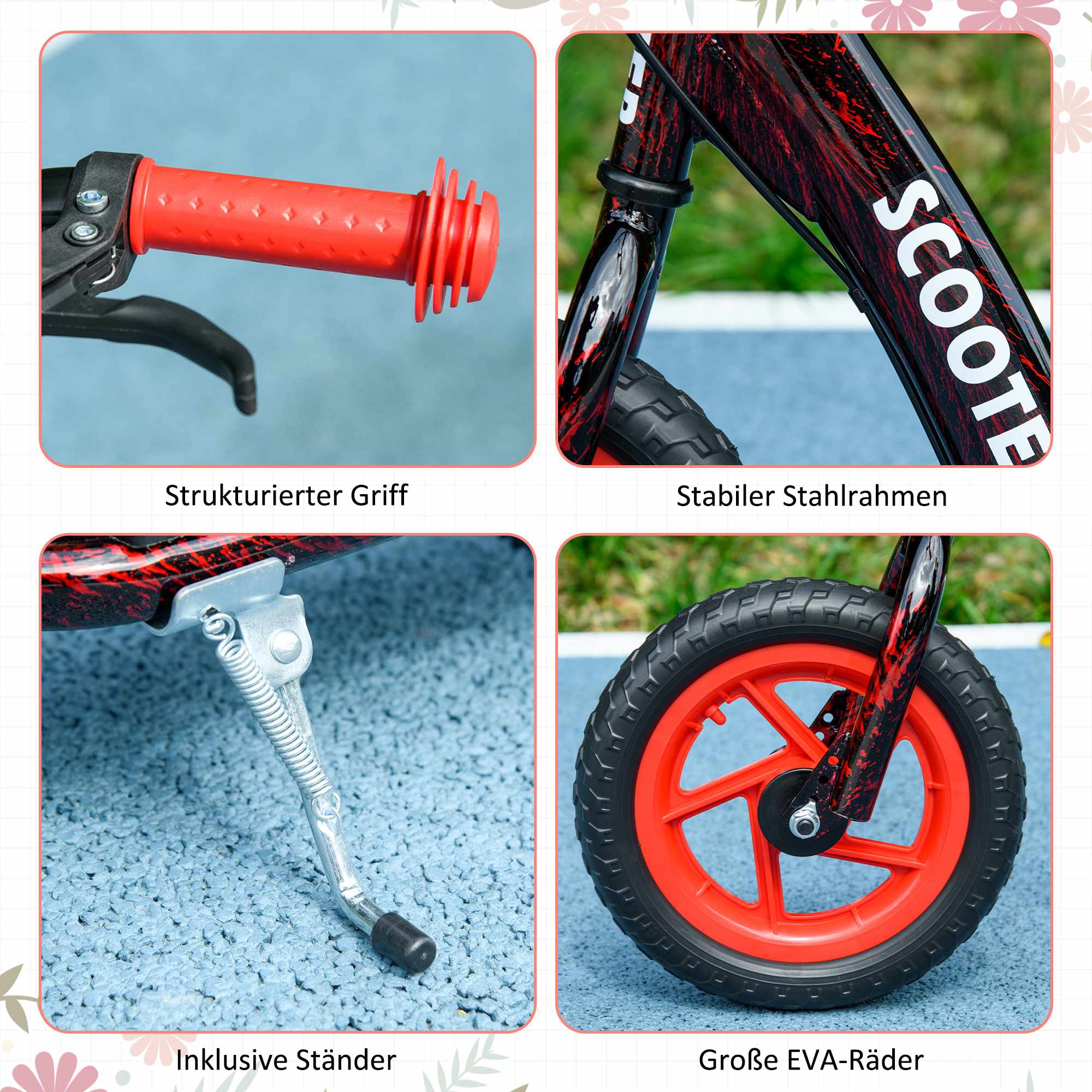 Justerbar barnsparkcykel, 2 hjul, broms, 50 kg kapacitet, röd