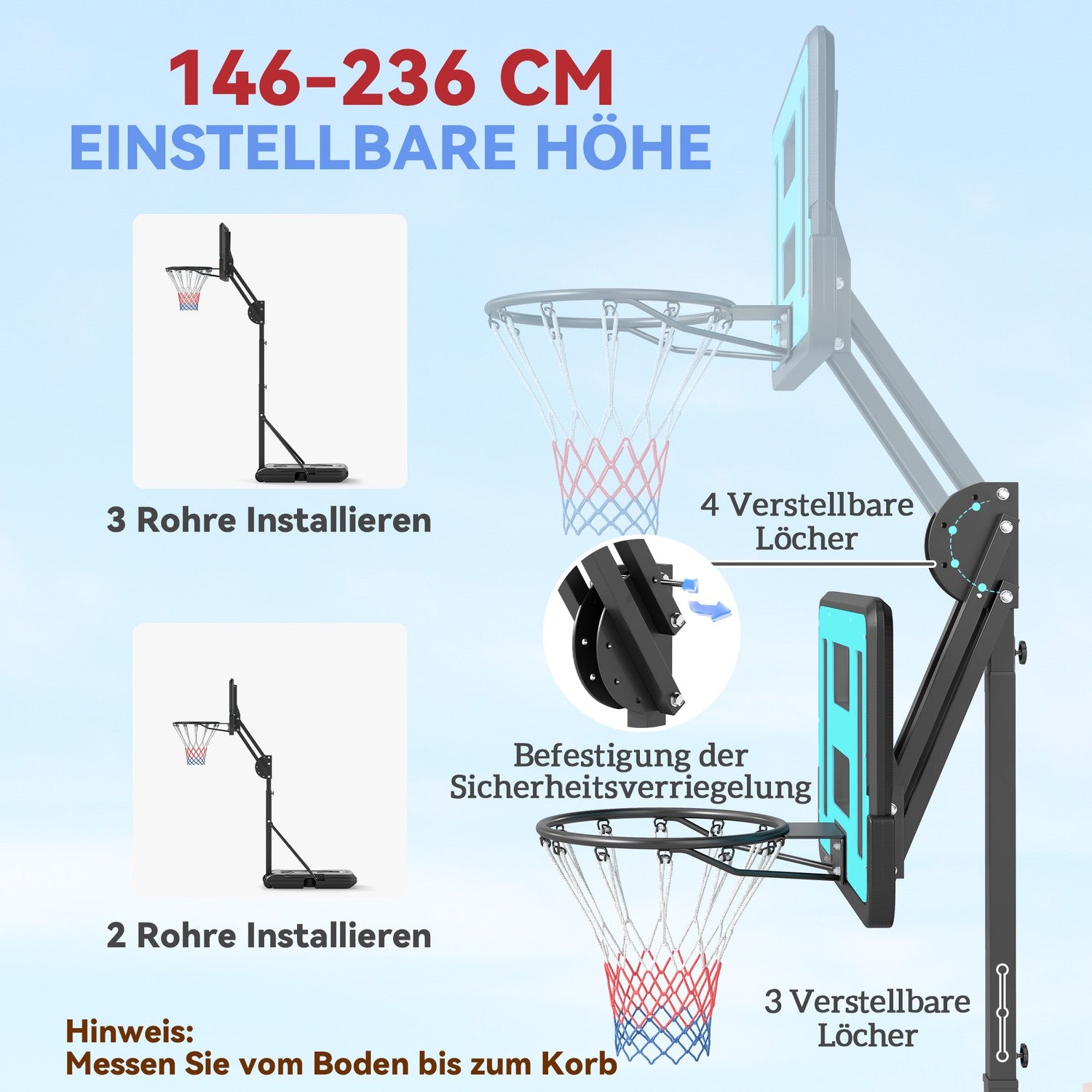 Nastavitelný basketbalový koš se stojanem, 146–236 cm, přenosný