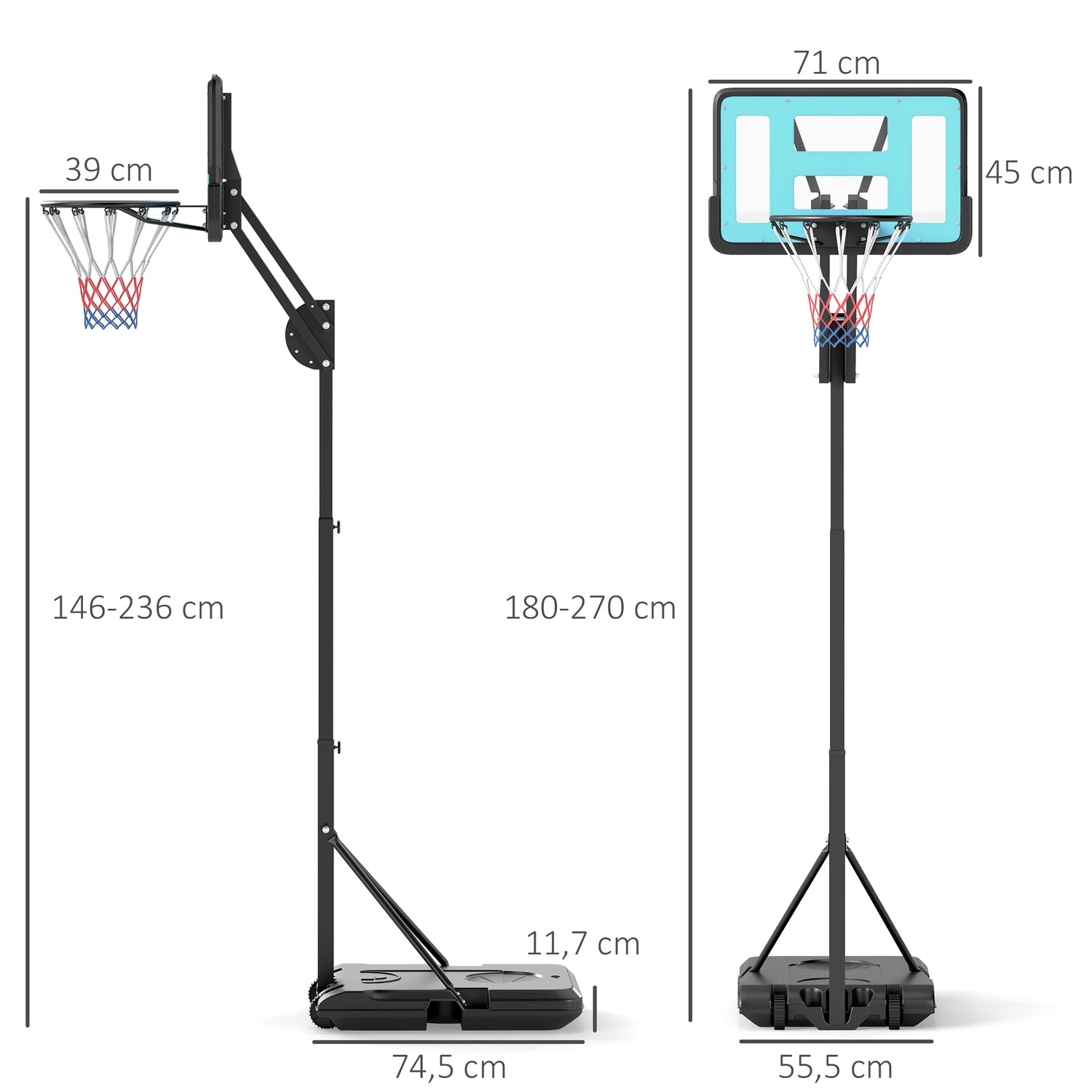 Nastavitelný basketbalový koš se stojanem, 146–236 cm, přenosný