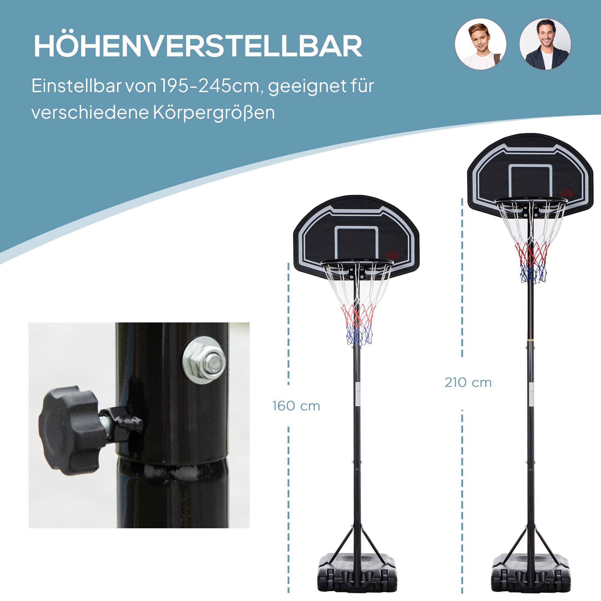 Justerbar basketkorg för utomhusbruk med hjul, 160-210 cm
