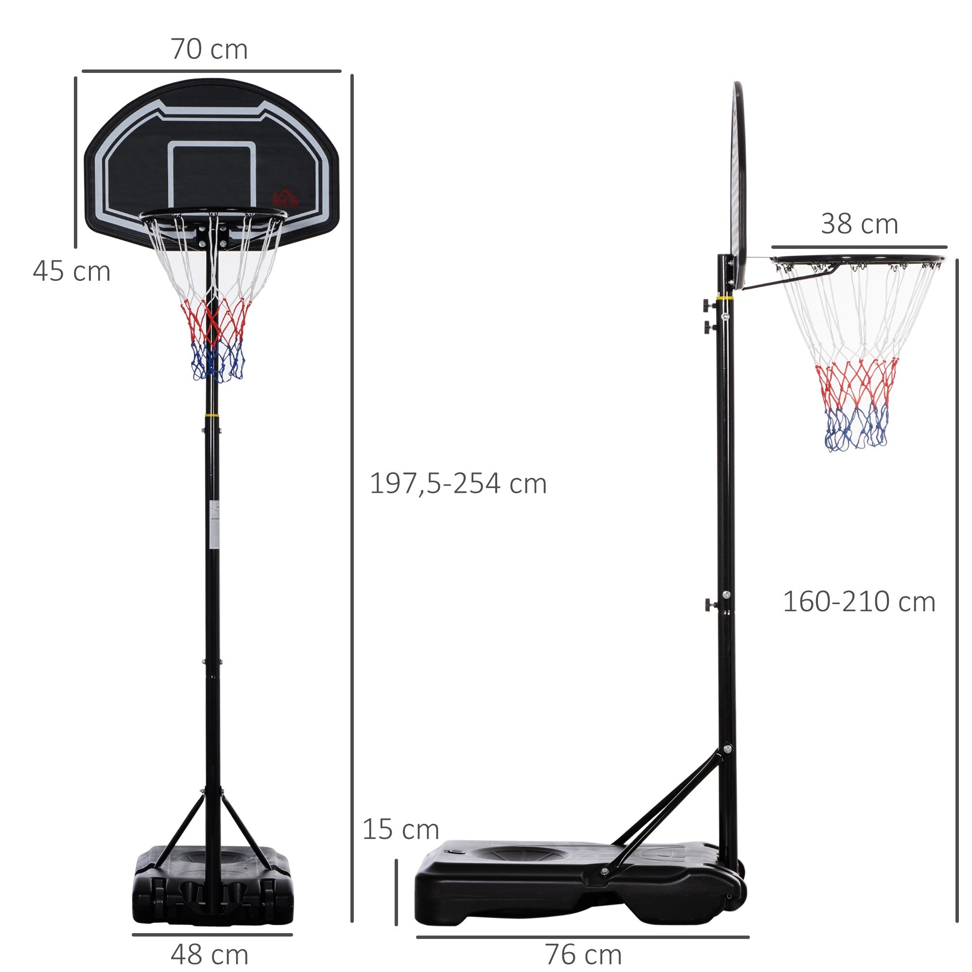 Justerbar basketkorg för utomhusbruk med hjul, 160-210 cm