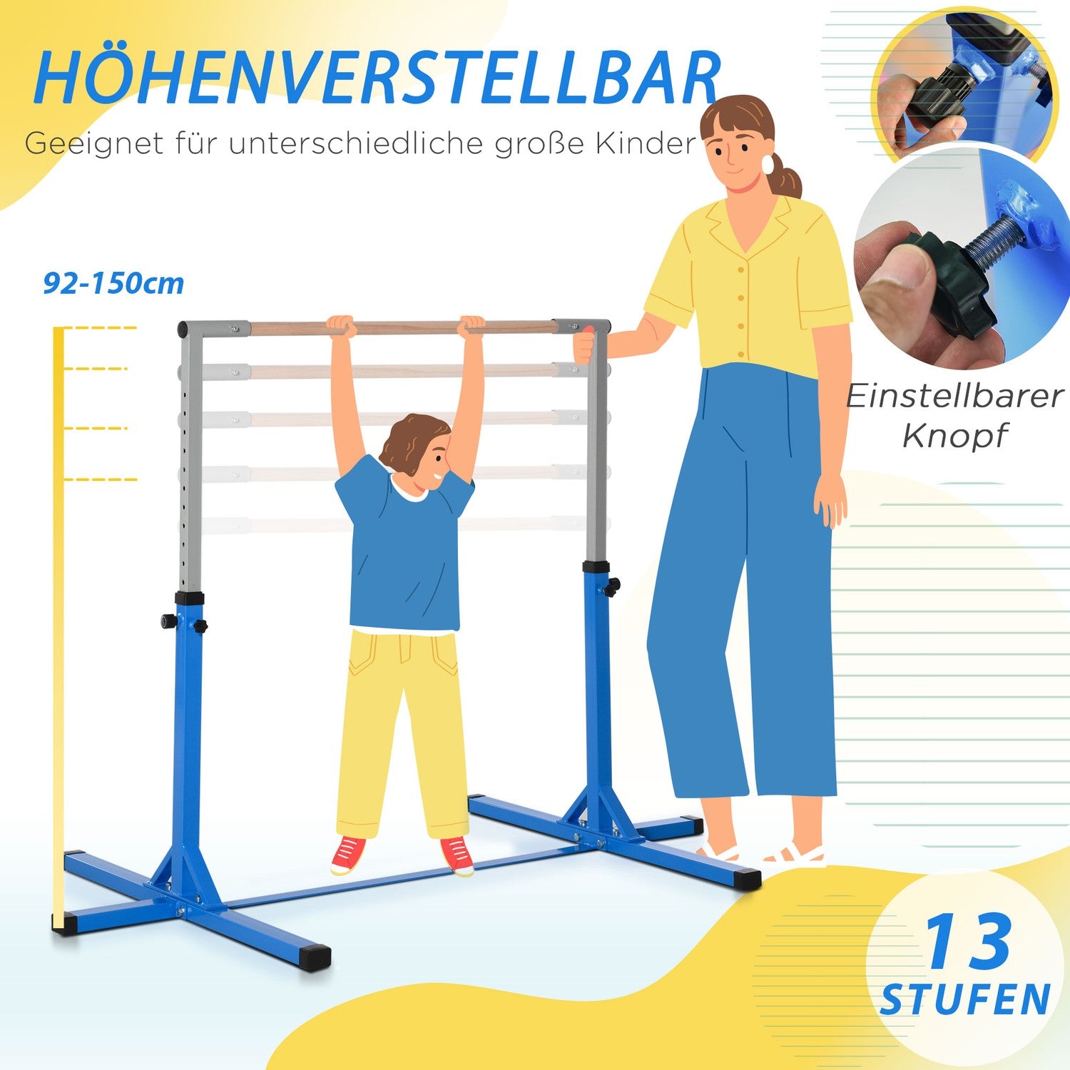 Justerbar gymnastikstång, 75 kg last, stål och trä