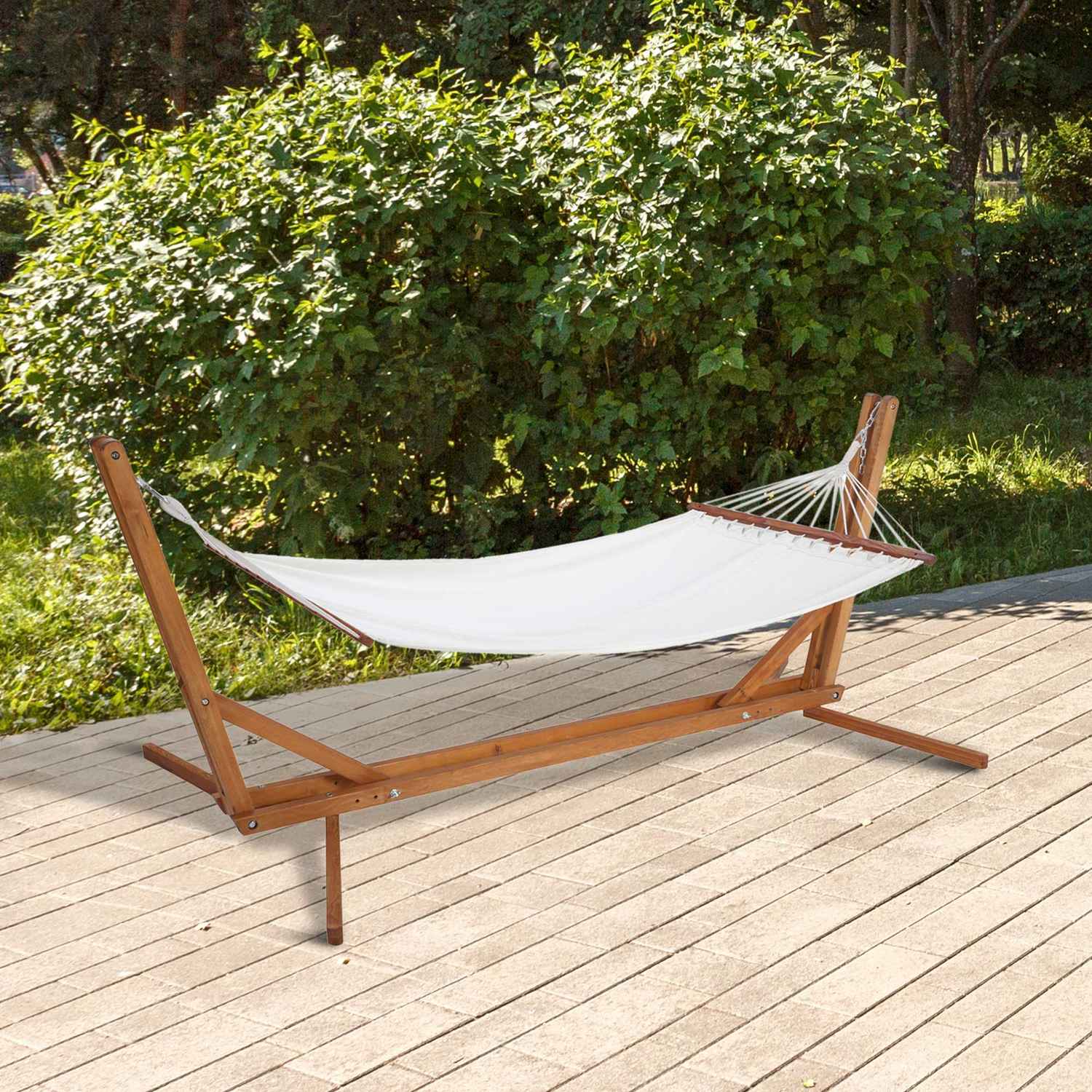 Justerbar hängmatta i furu med ram, krämvit 388cm