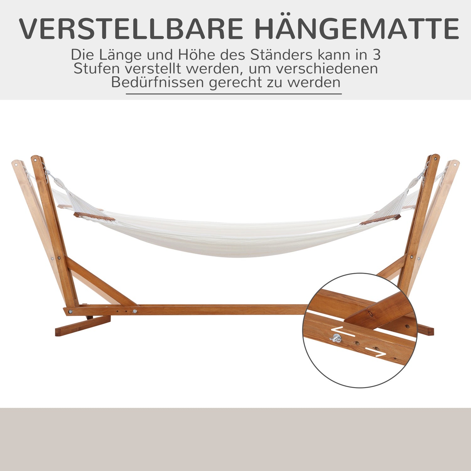 Justerbar hängmatta i furu med ram, krämvit 388cm