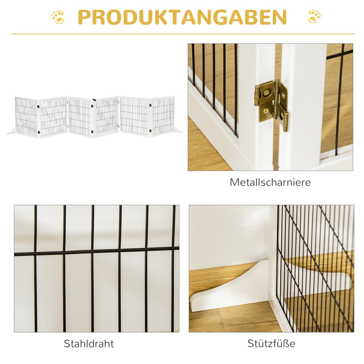 Justerbar hundgrind i trä – 6 paneler, vit, 432 x 70 cm