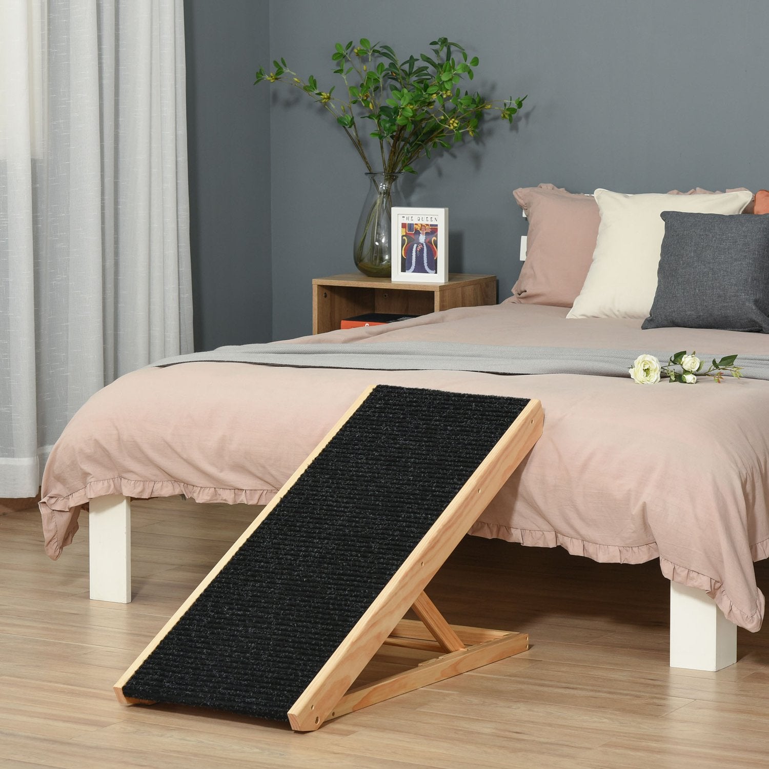 Justerbar hundramp med halkfri matta, furu, 90x40x61cm