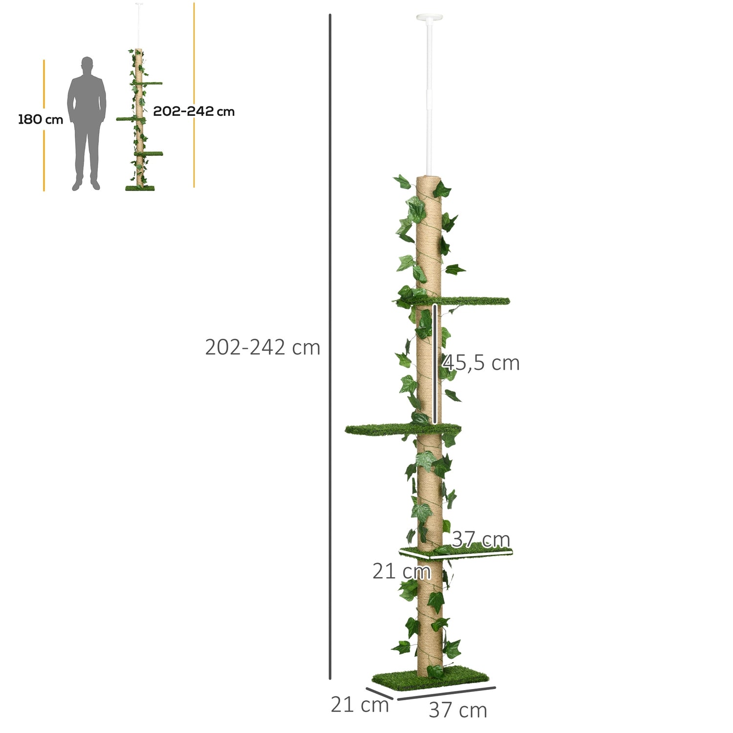 Justerbar jute kattträd, takhöjd 202-242 cm, grön/gul
