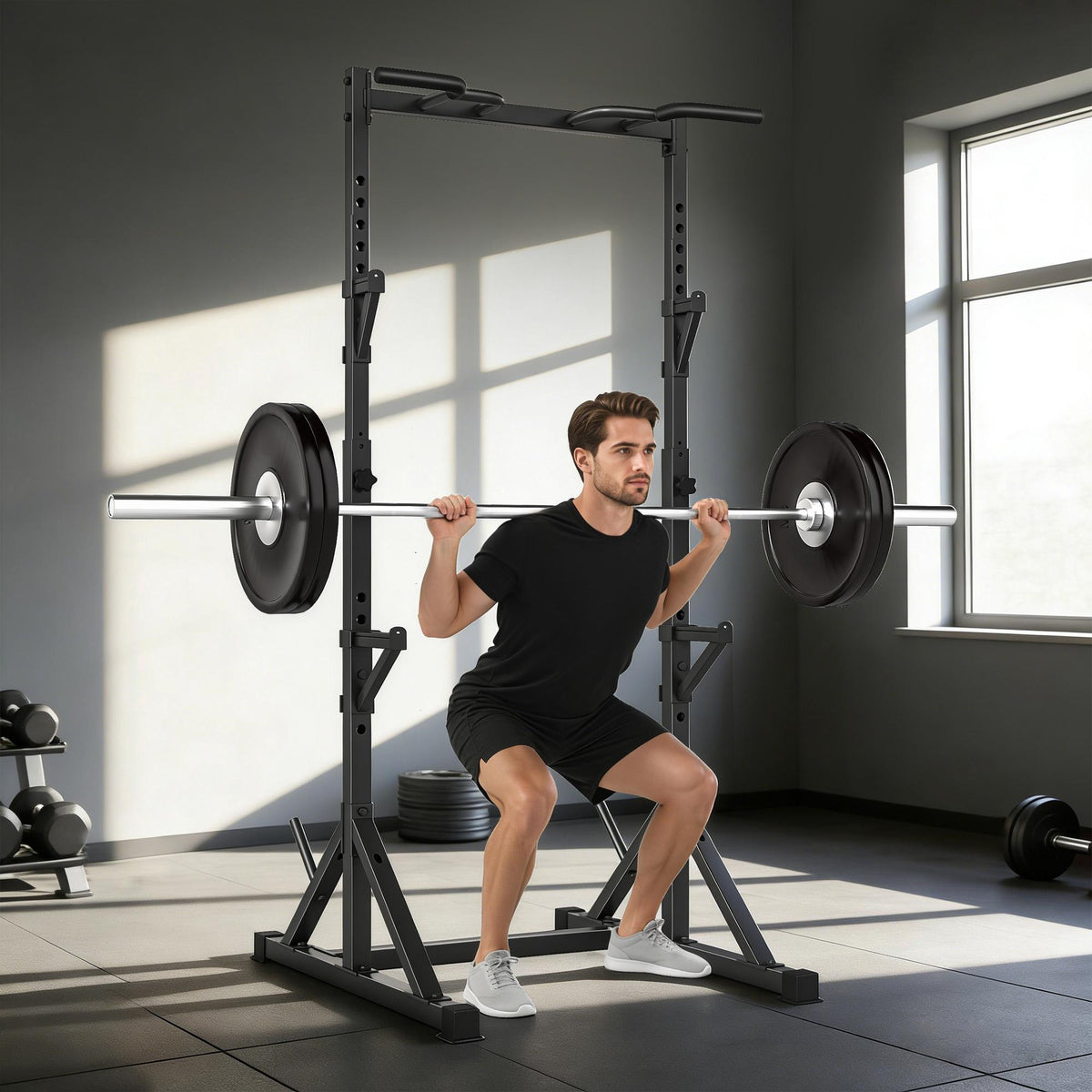 Nastavitelný stojan na dřepy s hrazdou, 200 kg, černý