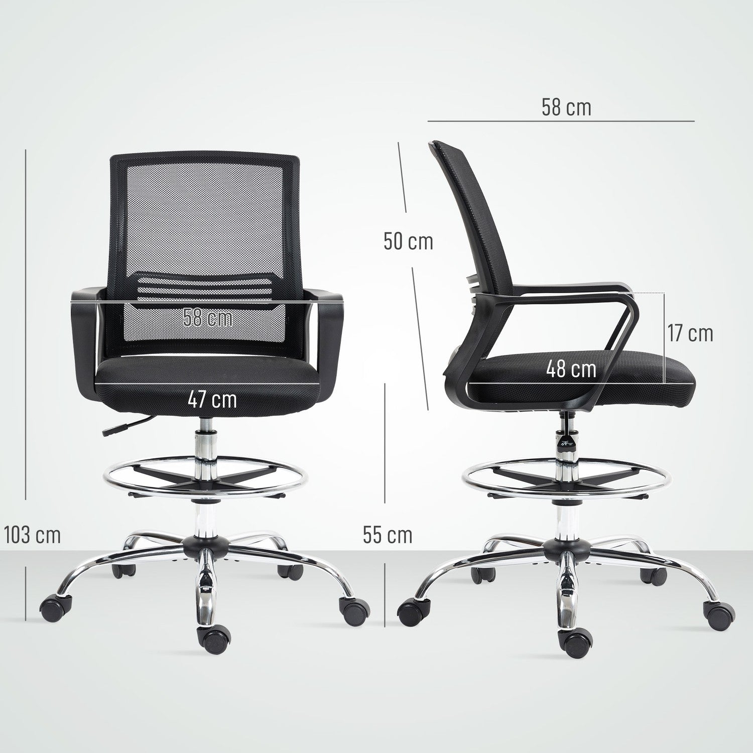 Justerbar kontorsstol i svart mesh med fotstöd