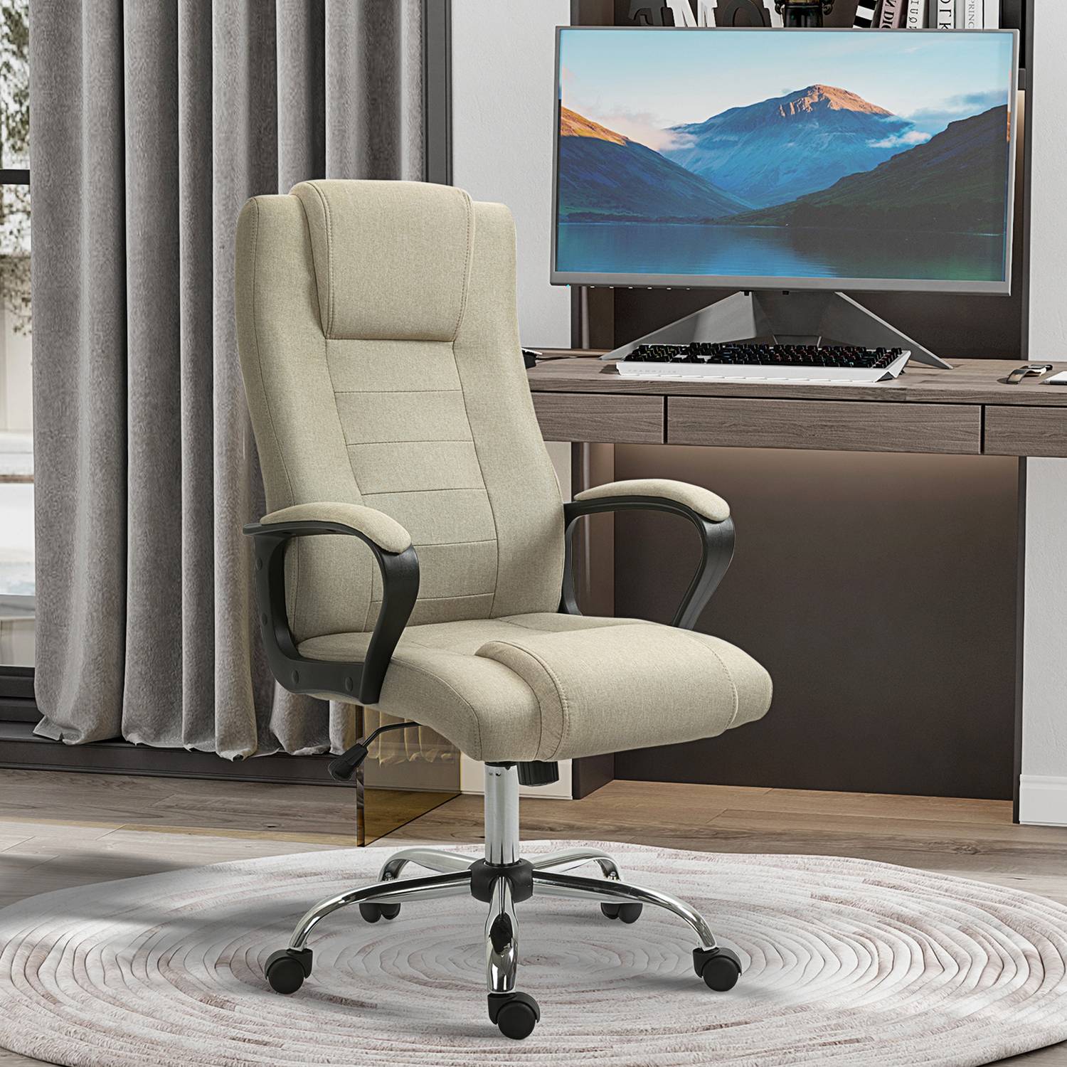 Justerbar kontorsstol, linnelook, beige, vridbar, 5 hjul