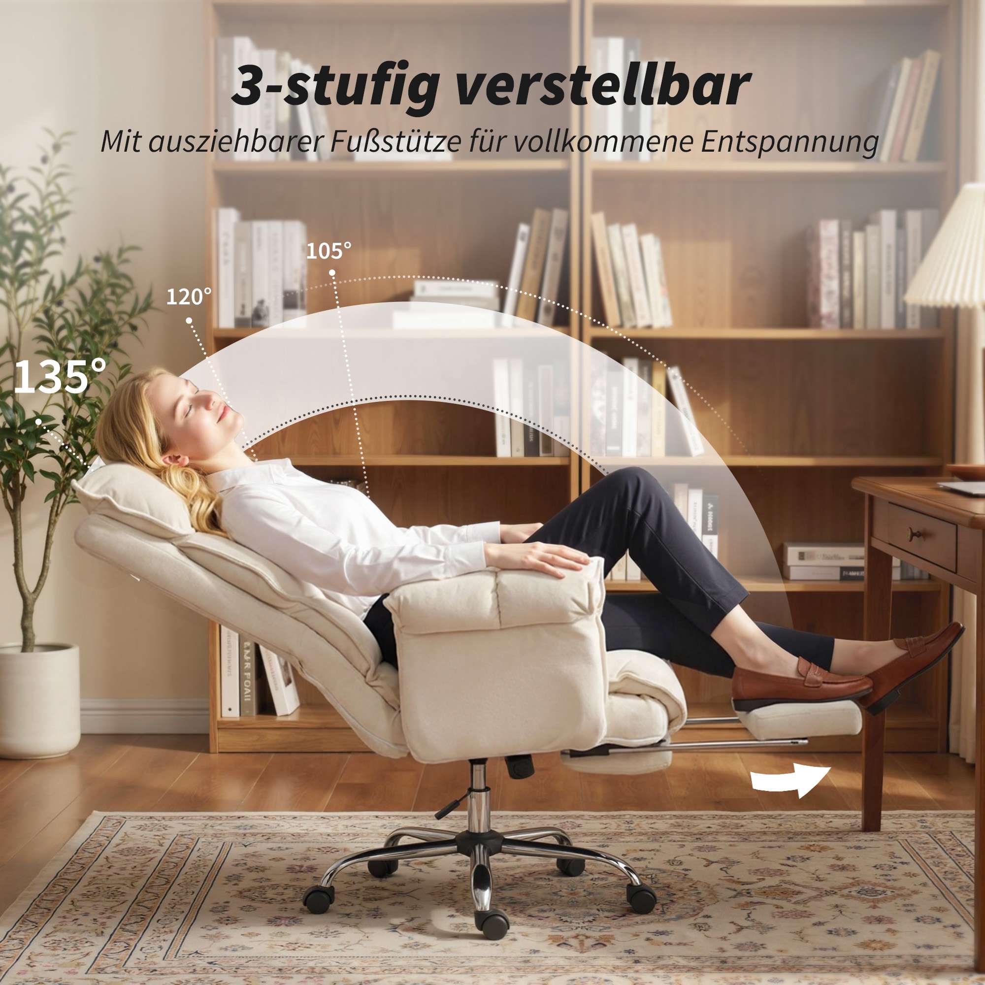 Justerbar kontorsstol med svankstöd, fotstöd, krämfärgad
