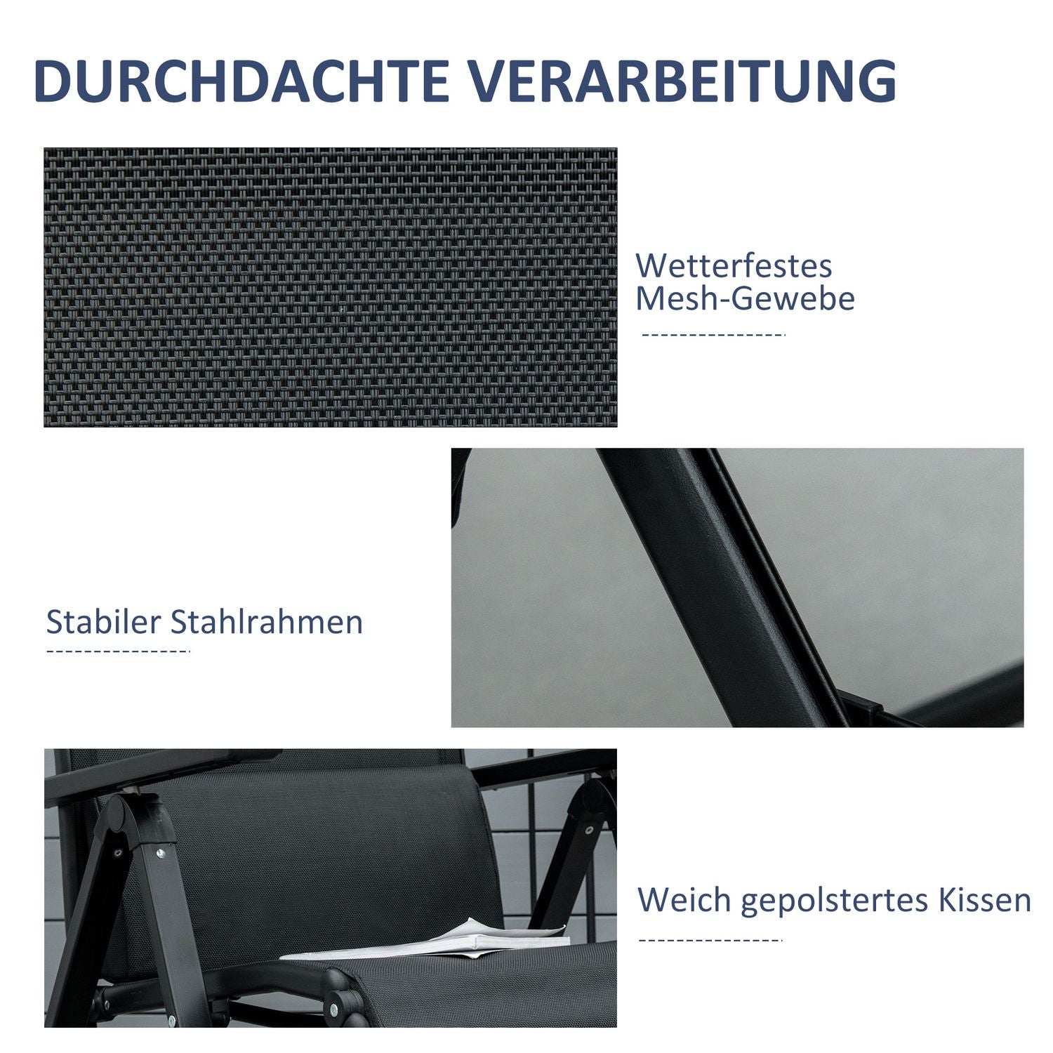 Nastavitelné polohovací zahradní lehátko, černý textil, ocel, 70x65x111 cm