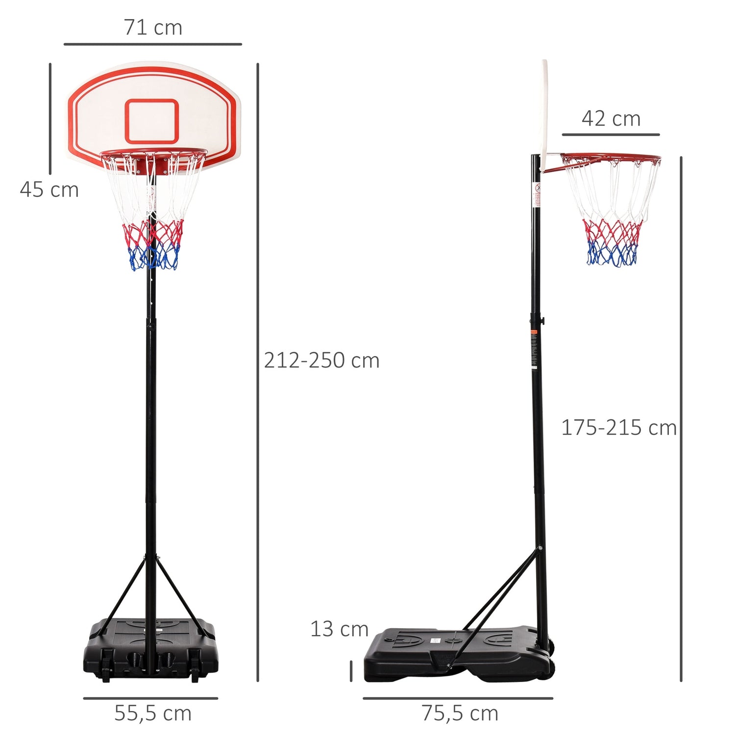 Nastavitelný přenosný venkovní basketbalový koš, 212–250 cm