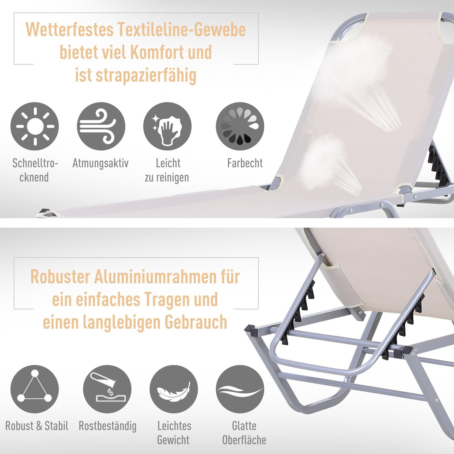Justerbar solstol i aluminium, Beige 163x58,5x91 Cm