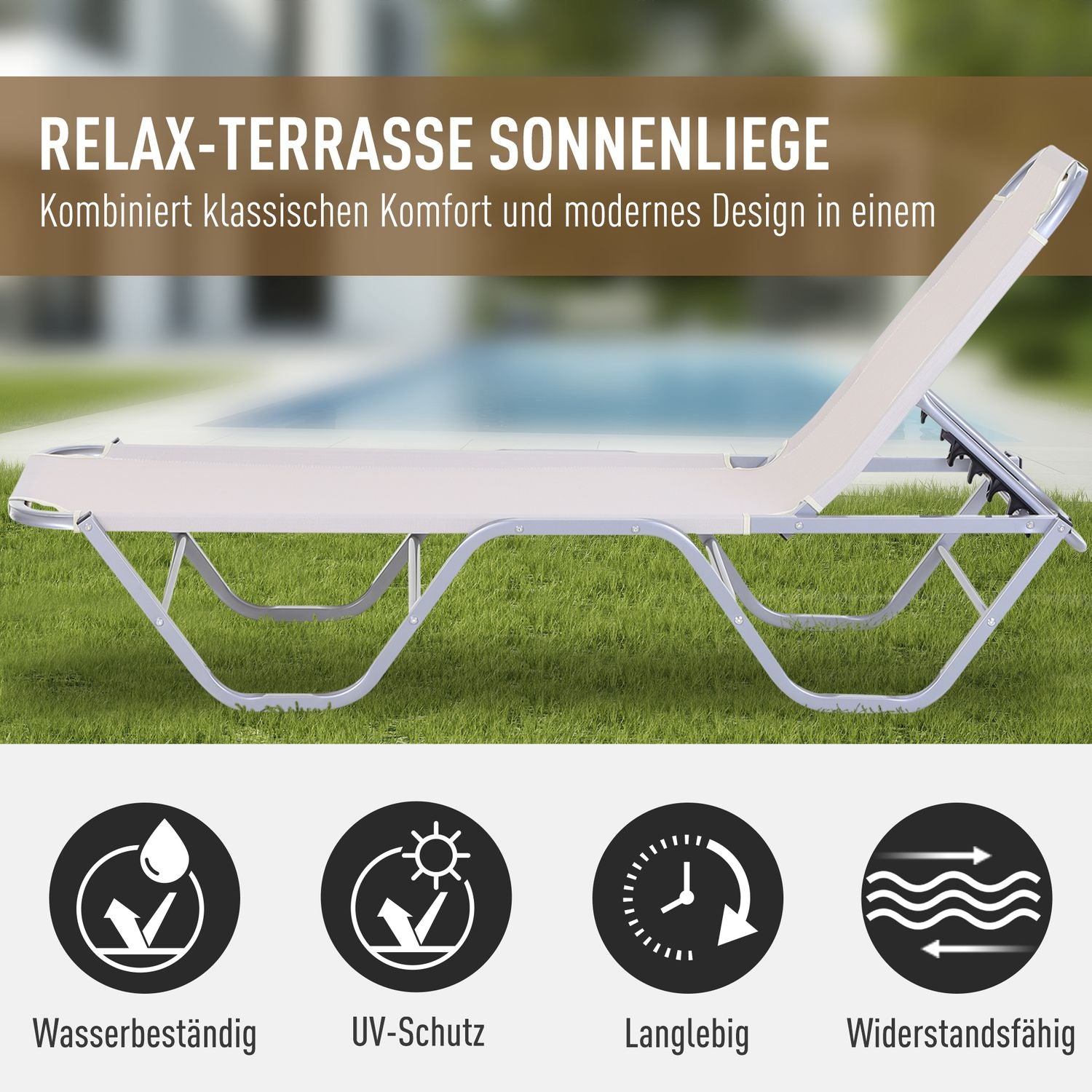 Justerbar solstol i aluminium, Beige 163x58,5x91 Cm