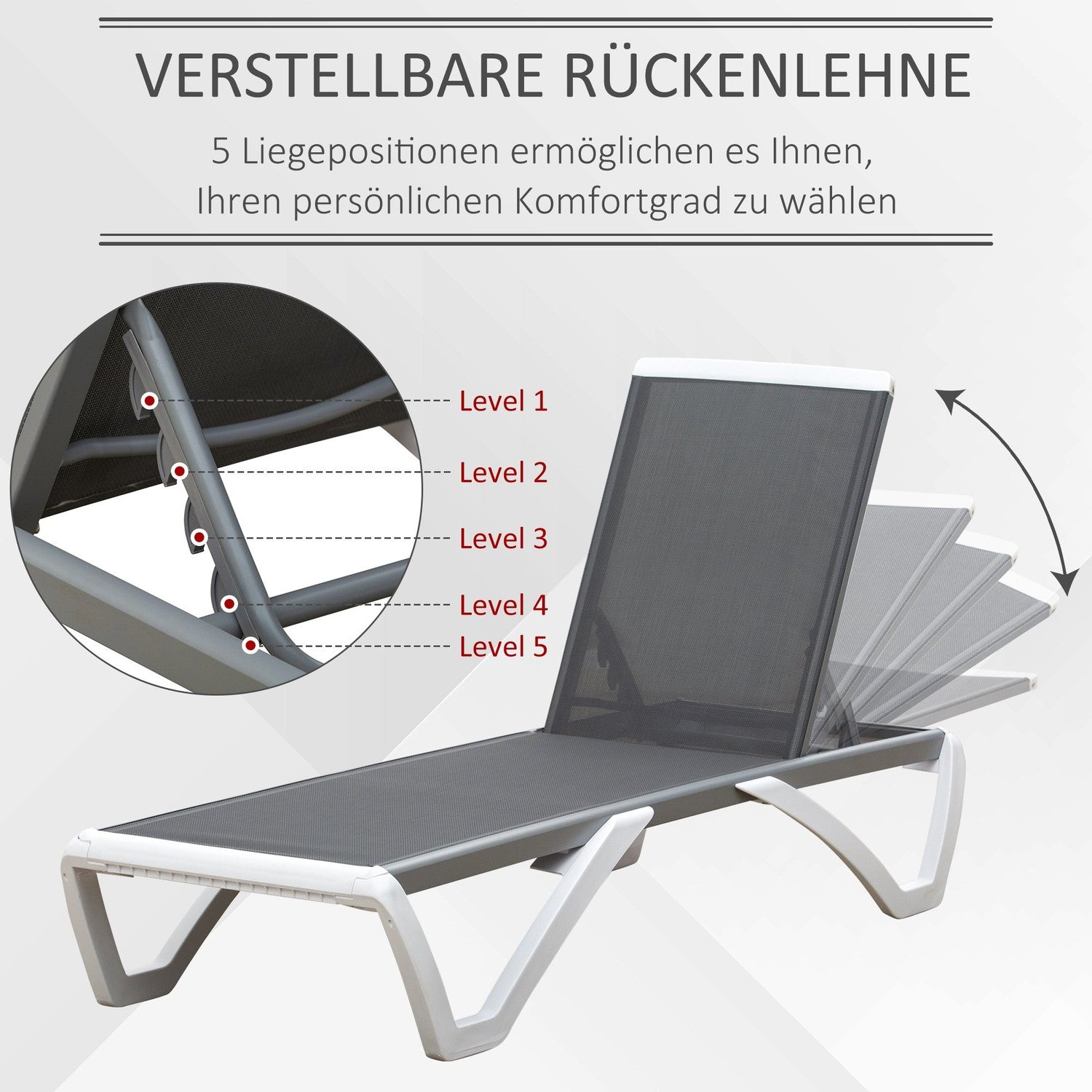 Justerbar solstol i aluminium – Ergonomisk grå/vit