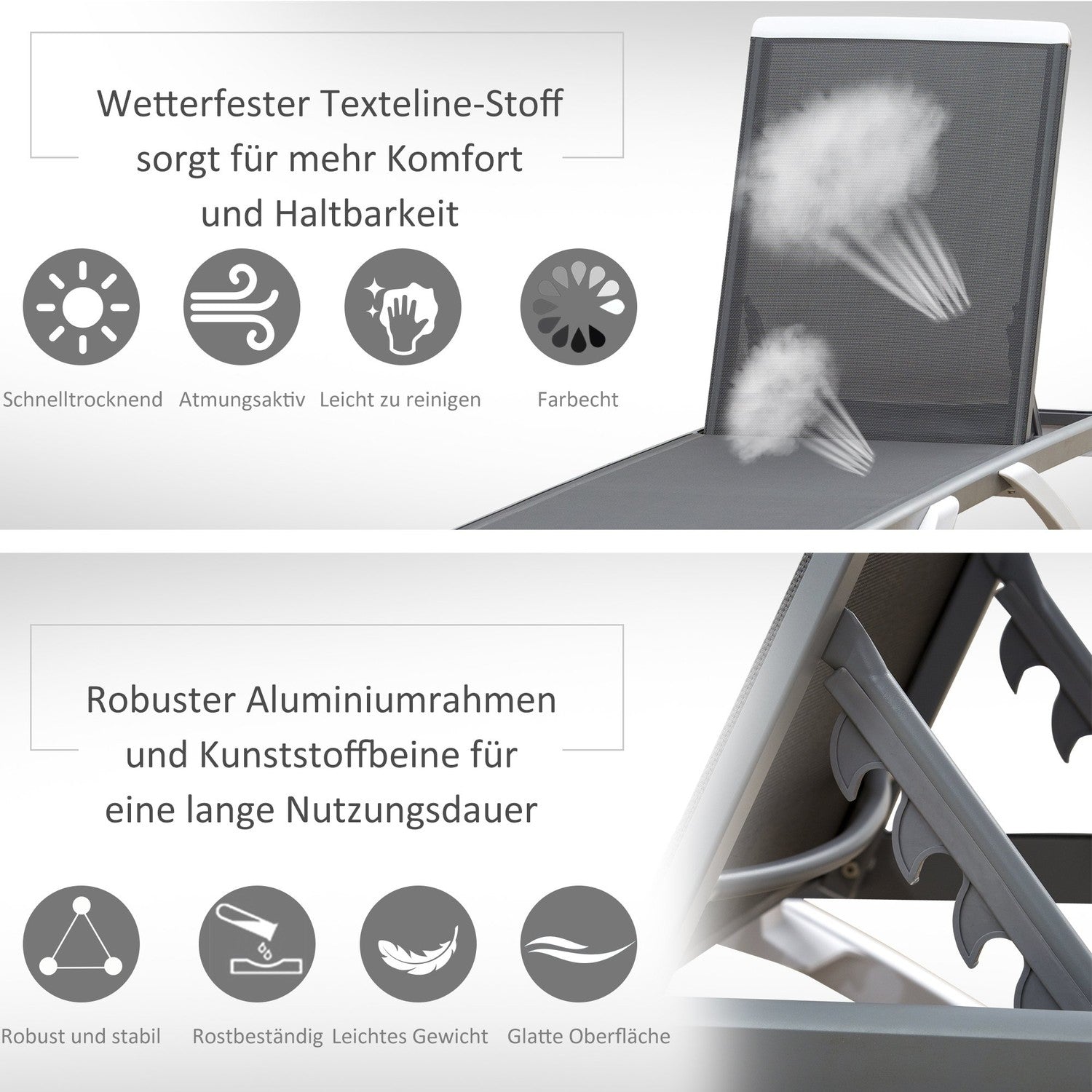 Justerbar solstol i aluminium – Ergonomisk grå/vit