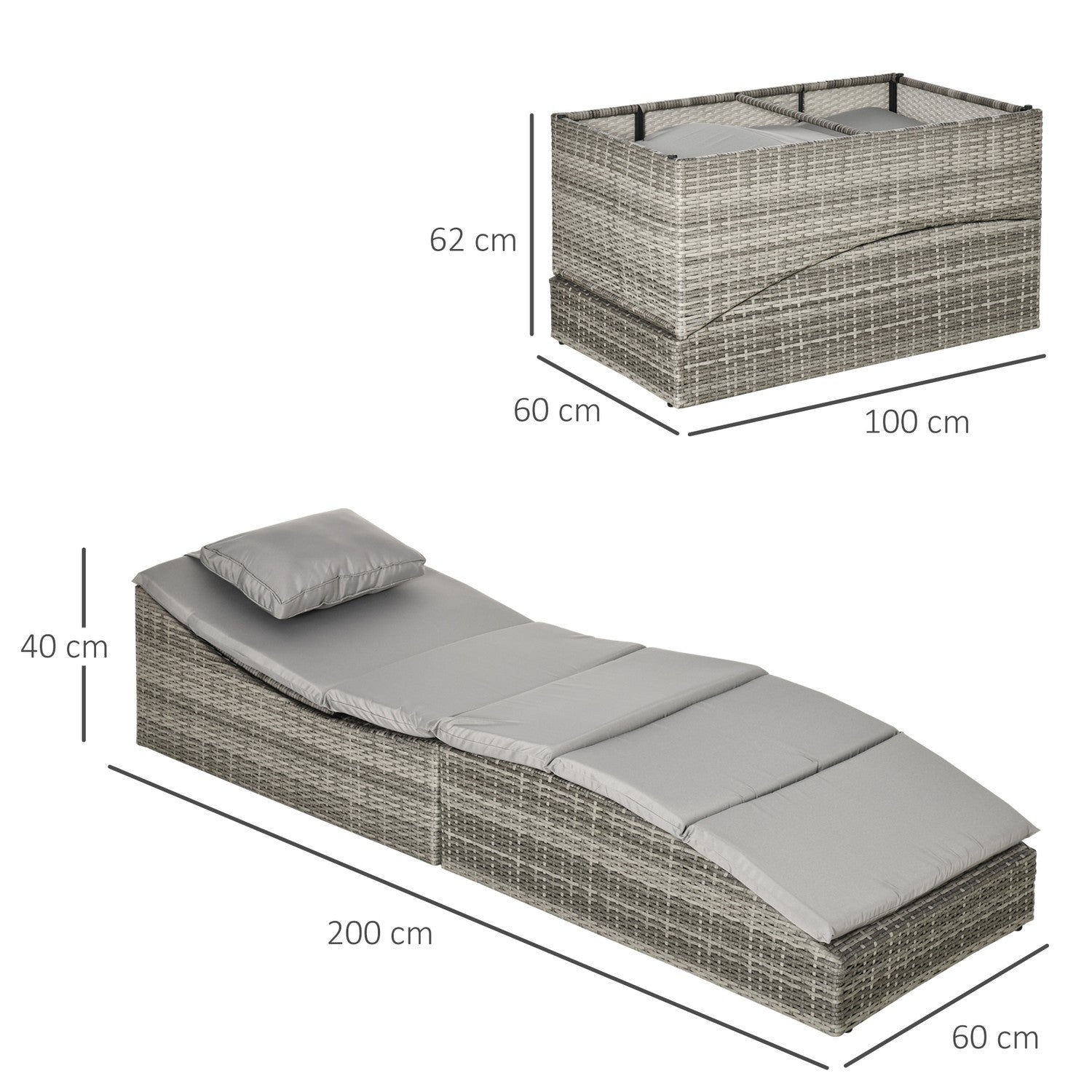 Justerbar solstol i polyrattan med kudde, hopfällbar 2-i-1-design