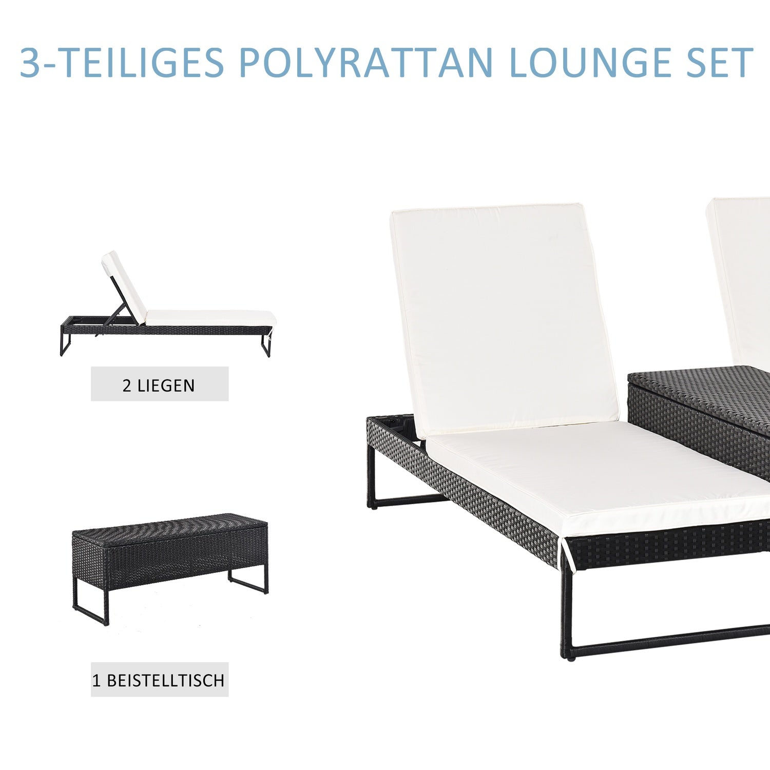 Justerbar solstolsset: 3-delad, rotting & polyester, svart/kräm