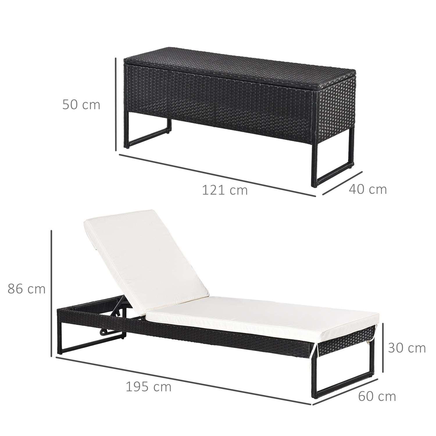 Justerbar solstolsset: 3-delad, rotting & polyester, svart/kräm