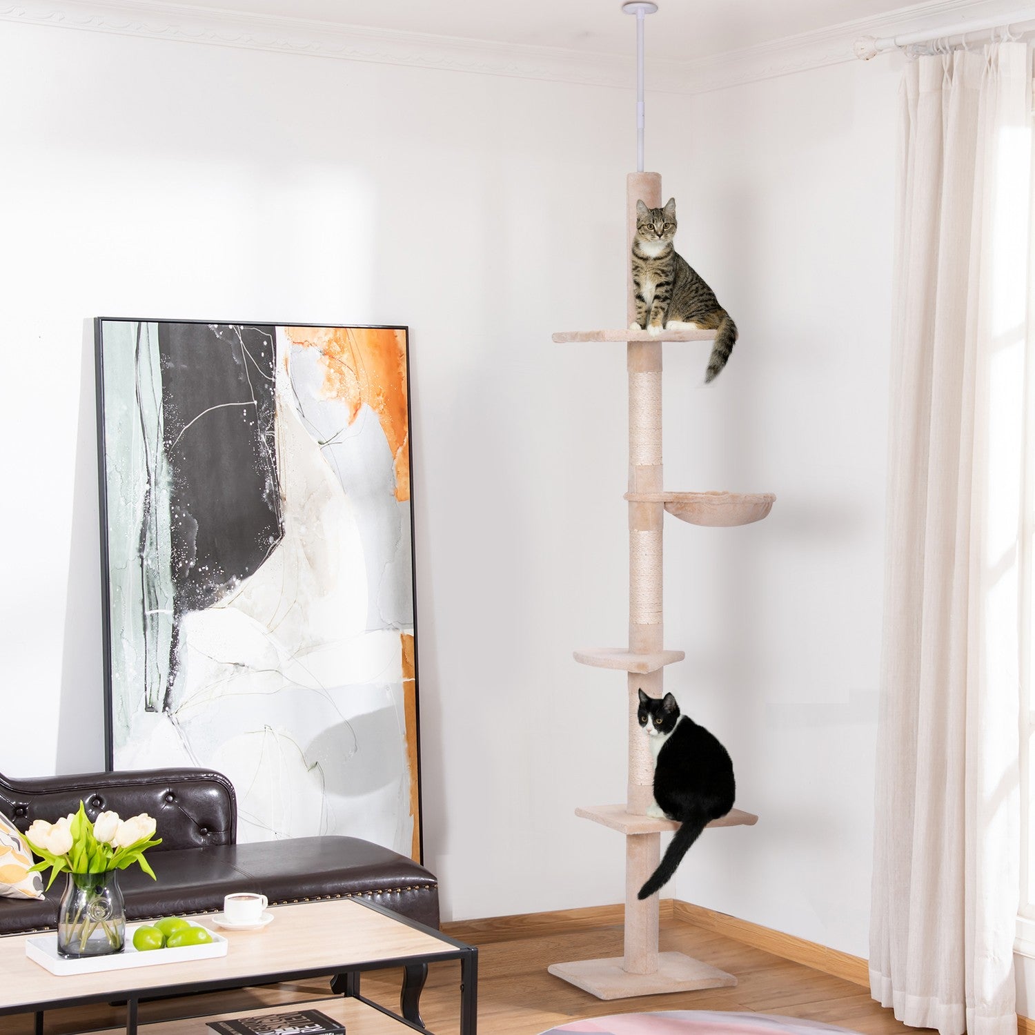 Justerbart beige katttorn med sisal för klättring, 230-260cm