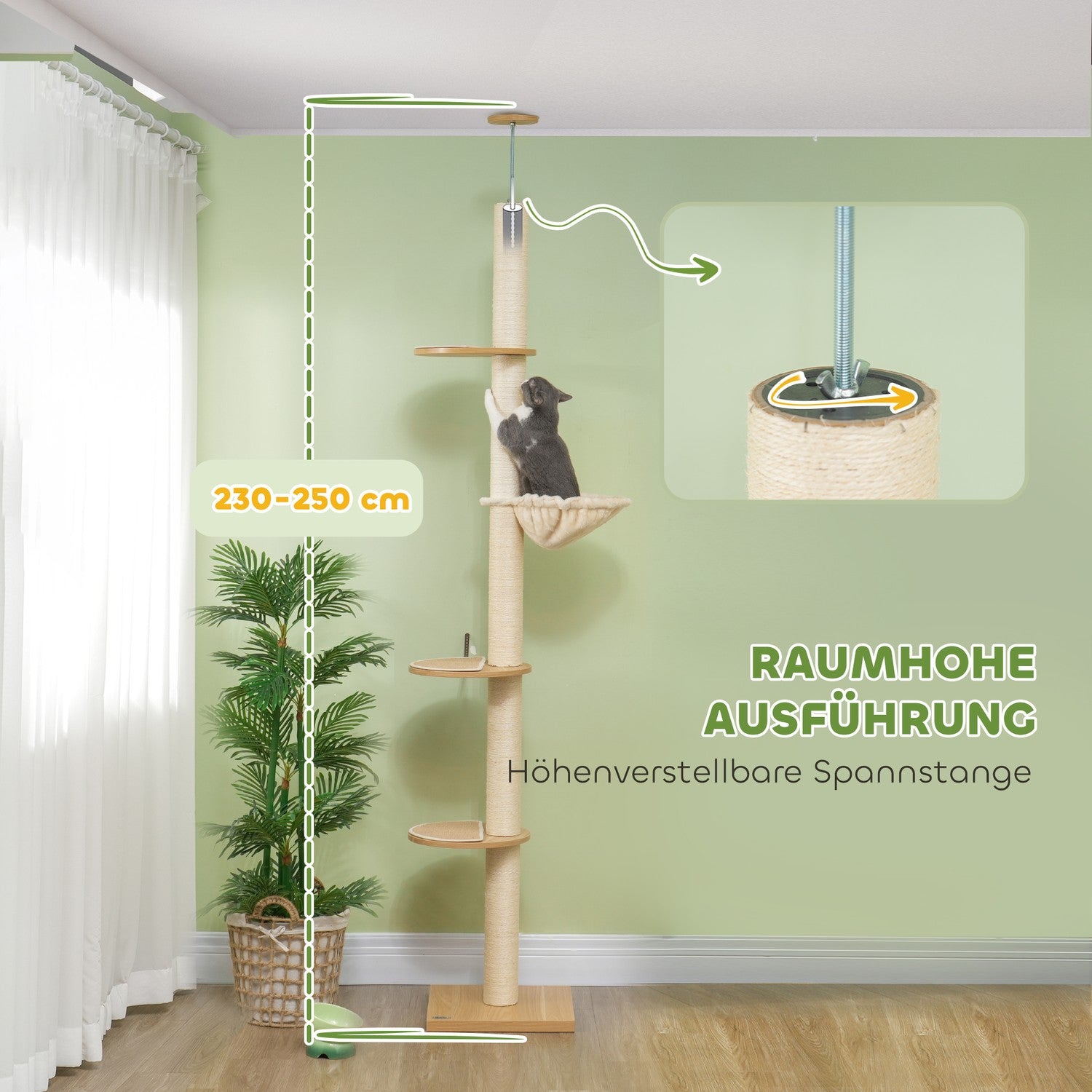 Justerbart kattträd med hängmatta, takhöjd 230-250cm