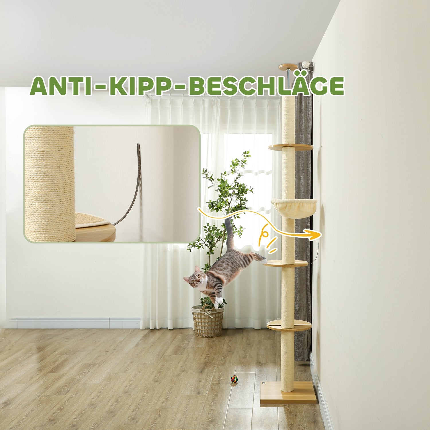 Justerbart kattträd med hängmatta, takhöjd 230-250cm