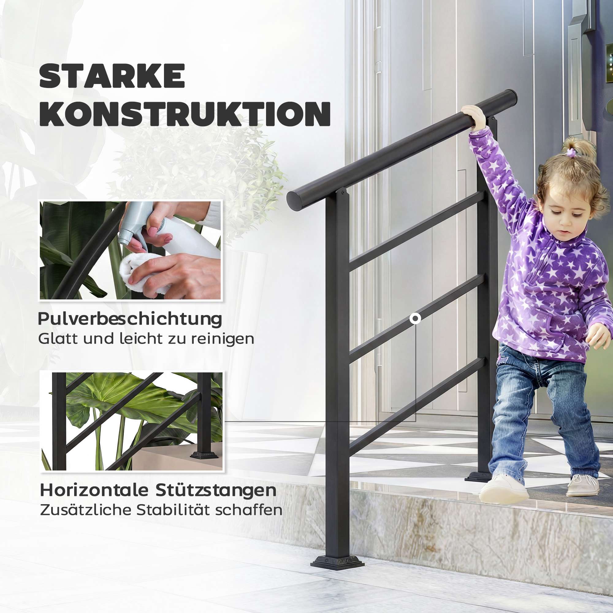 Justerbart ledstång i metall för trappsteg, svart, 0-45 vinkel, 1-3 steg