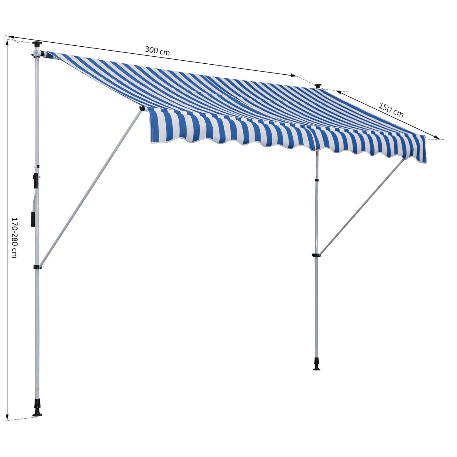 Justerbar vikarmsmarkis, blå/vit, 300x150cm