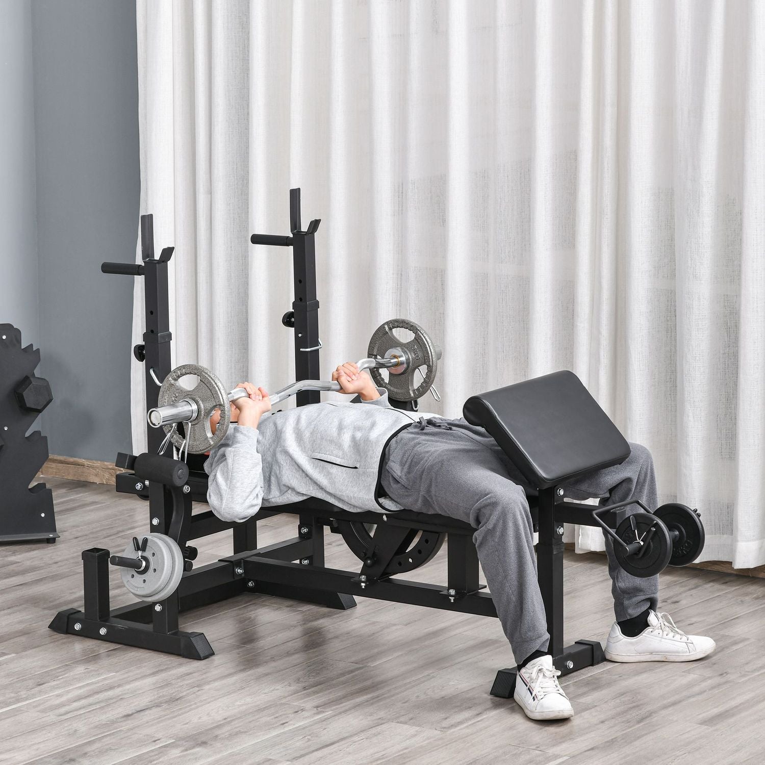 Justerbar viktbänk – skivstångsställ, stålram, multigym