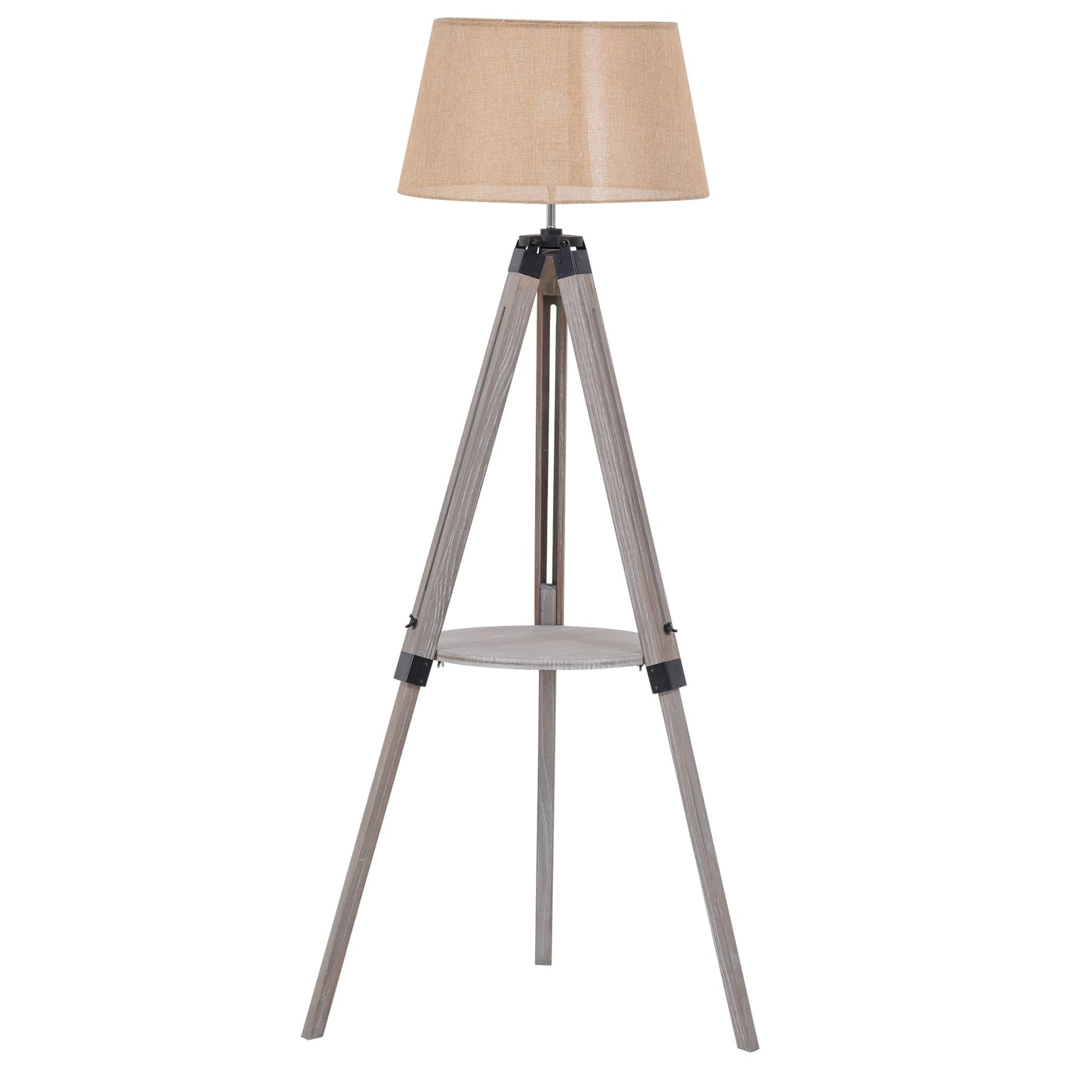 Justerbar vintage golvlampa med hylla, stål & bomull