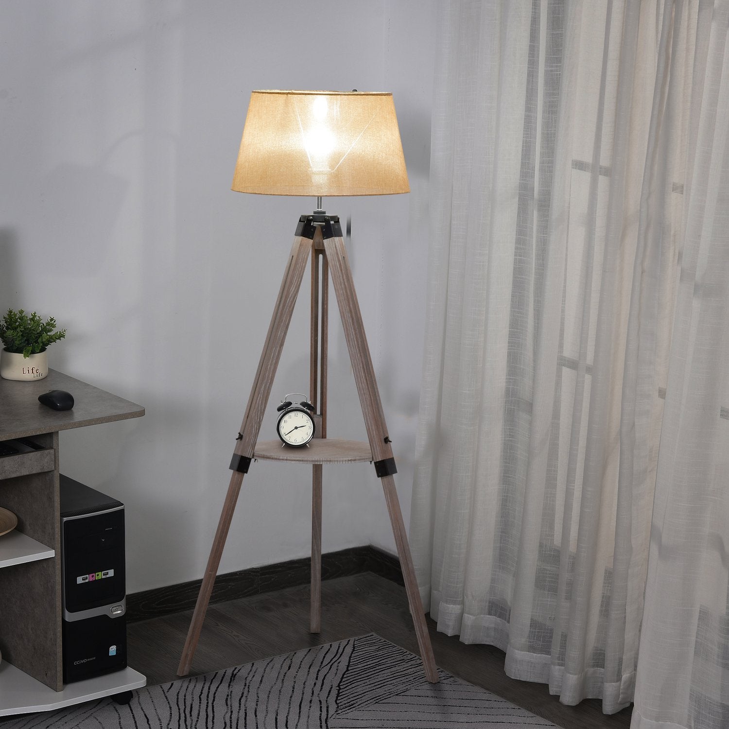 Justerbar vintage golvlampa med hylla, stål & bomull