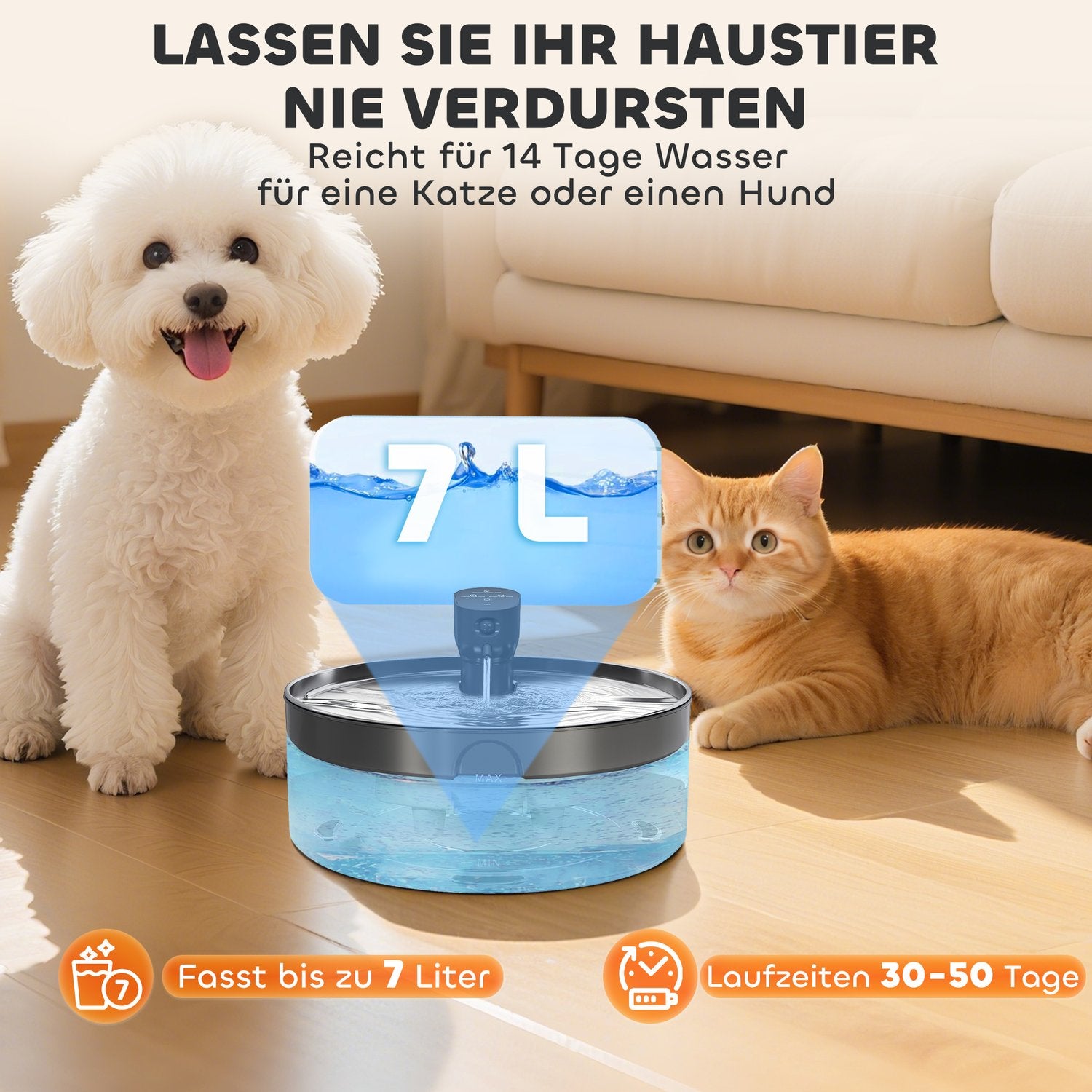 Kattfontän 7L dricksfontän för katter med tyst pump LED aktivt kolfilter rostfritt stål 30,6 x 30,6 x 17,2 cm