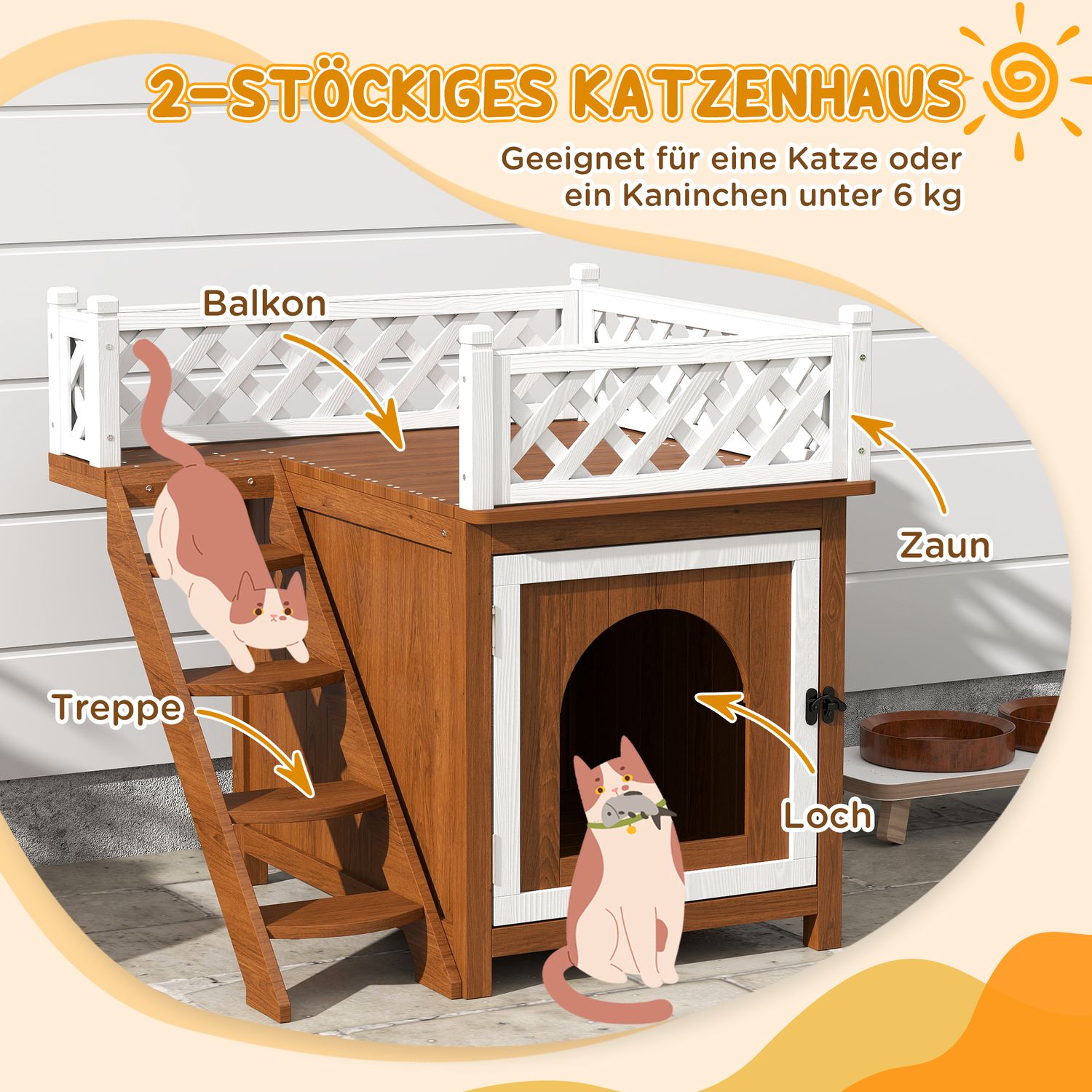Kočičí domeček s balkonem a schůdky – smrkové dřevo, do 6 kg