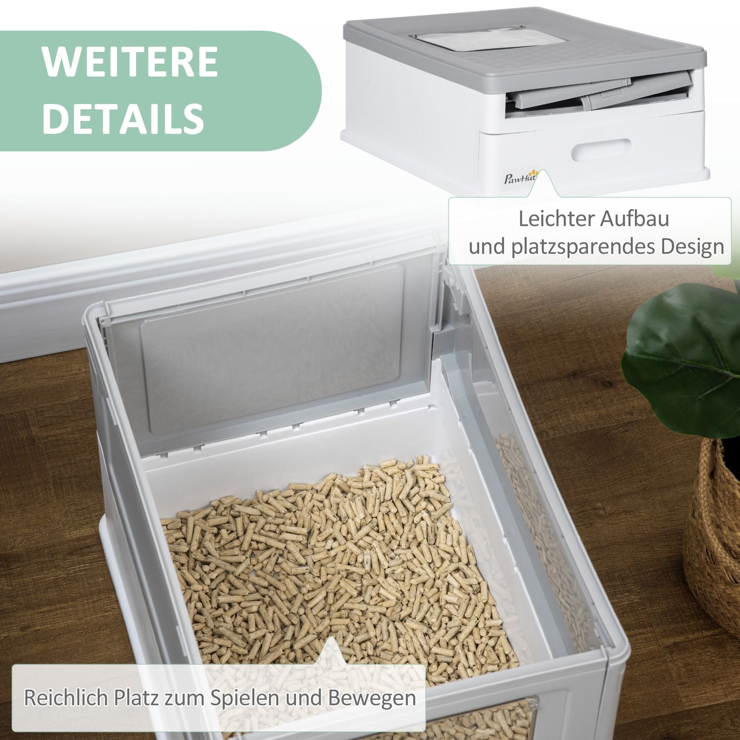 Kattlåda med lock, skopa & luktborttagare, plast, vit/grå