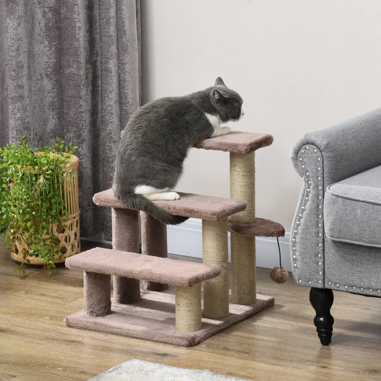 Katt- och hundtrappa, 3 steg med skrapstolpar, plyschbrun