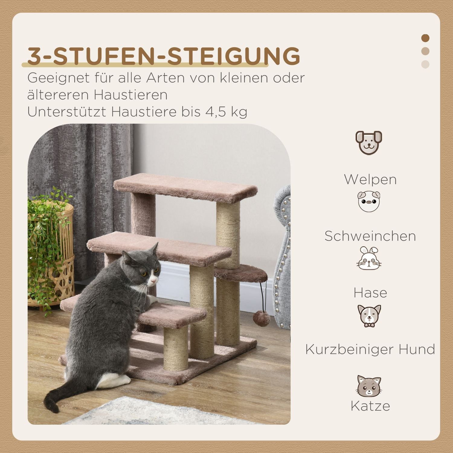 Katt- och hundtrappa, 3 steg med skrapstolpar, plyschbrun