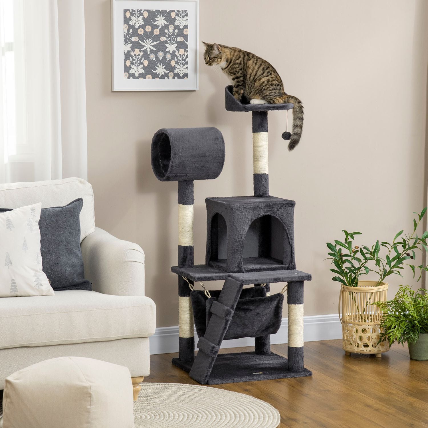 Kattskrapstolpe 125cm med hus, hängmatta & tunnel