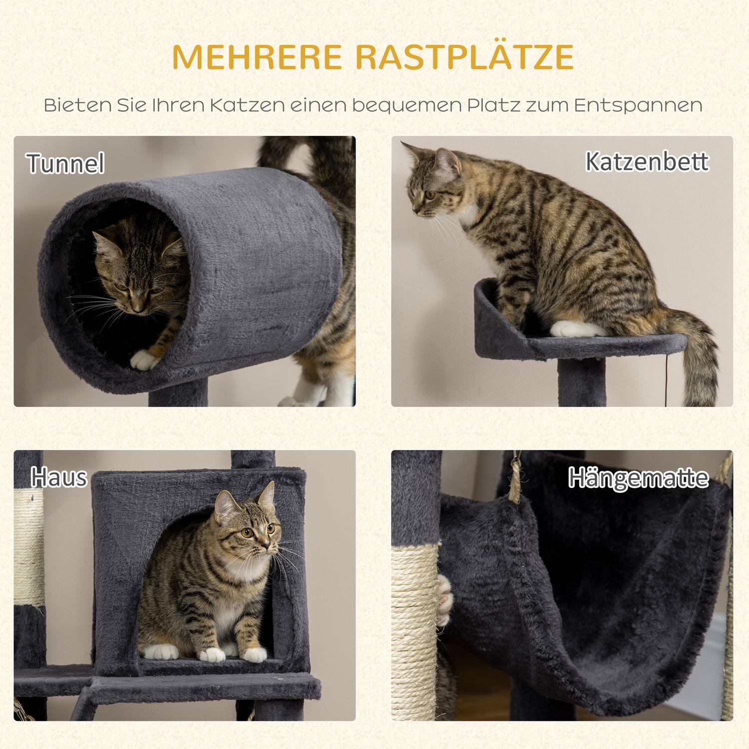Kattskrapstolpe 125cm med hus, hängmatta & tunnel