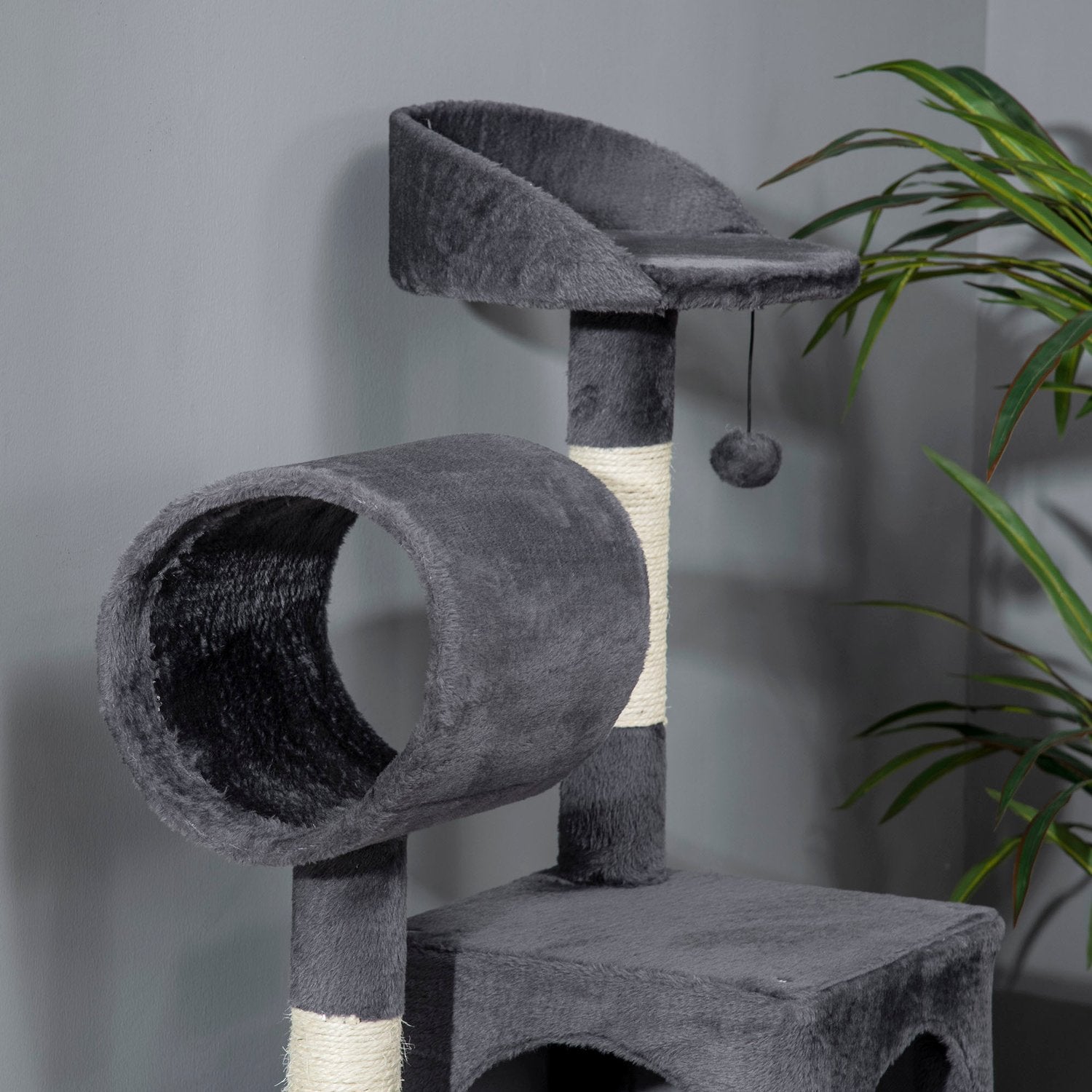 Kattskrapstolpe 125cm med hus, hängmatta & tunnel